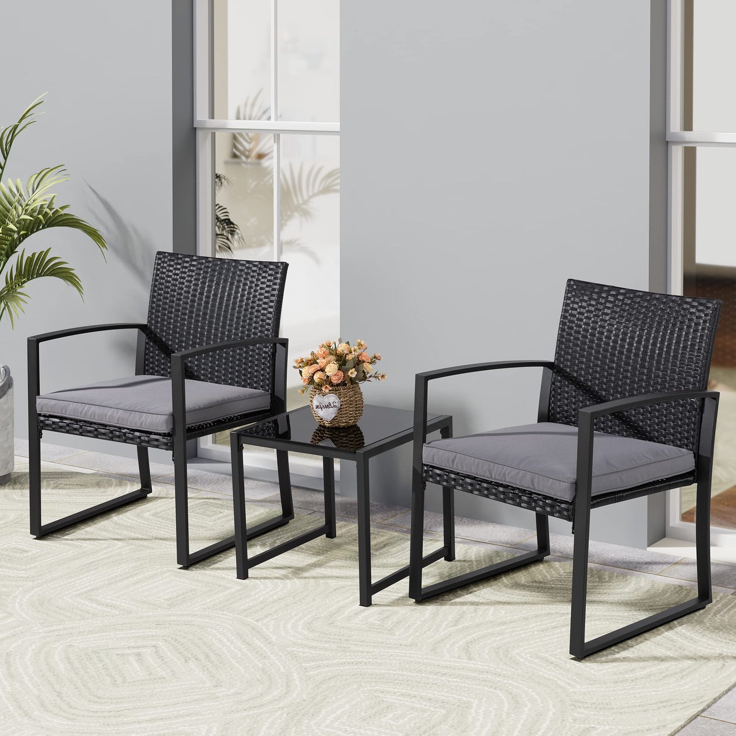 Shintenchi 3 Pieces Outdoor Patio Furniture Set, Modern Wicker Bistro Set, Conversation Rattan Chair of 2 with Coffee Table for Yard Porch Poolside Lawn(Grey Cushion)