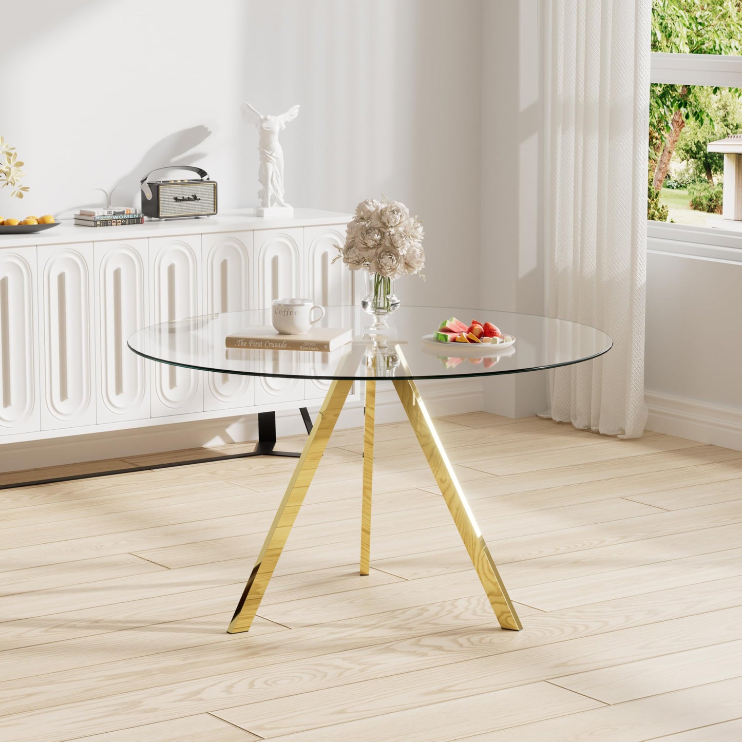 SIZOTA Round Dining Table for 4, 39" Modern Glass Dining Table, Leisure Coffee Table, Kitchen Circle Dinner Table, Saving Space(Gold)