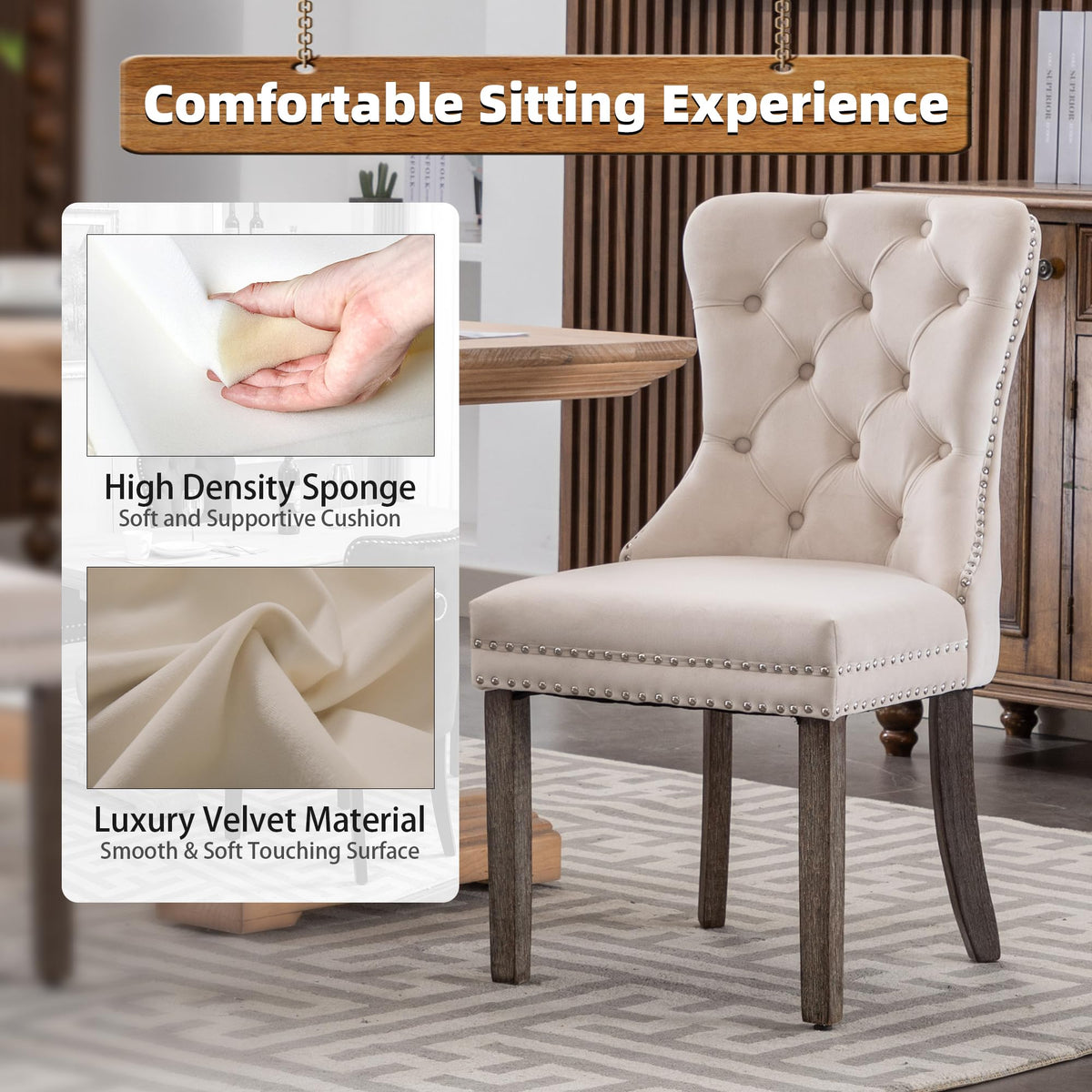 GOOLON Dining Room Chairs Set of 2, Velvet Button Tufted Dining Chairs with Rivet Trim Metal Pull Ring Wood Legs for Kitchen Restaurant Dining Room, Beige