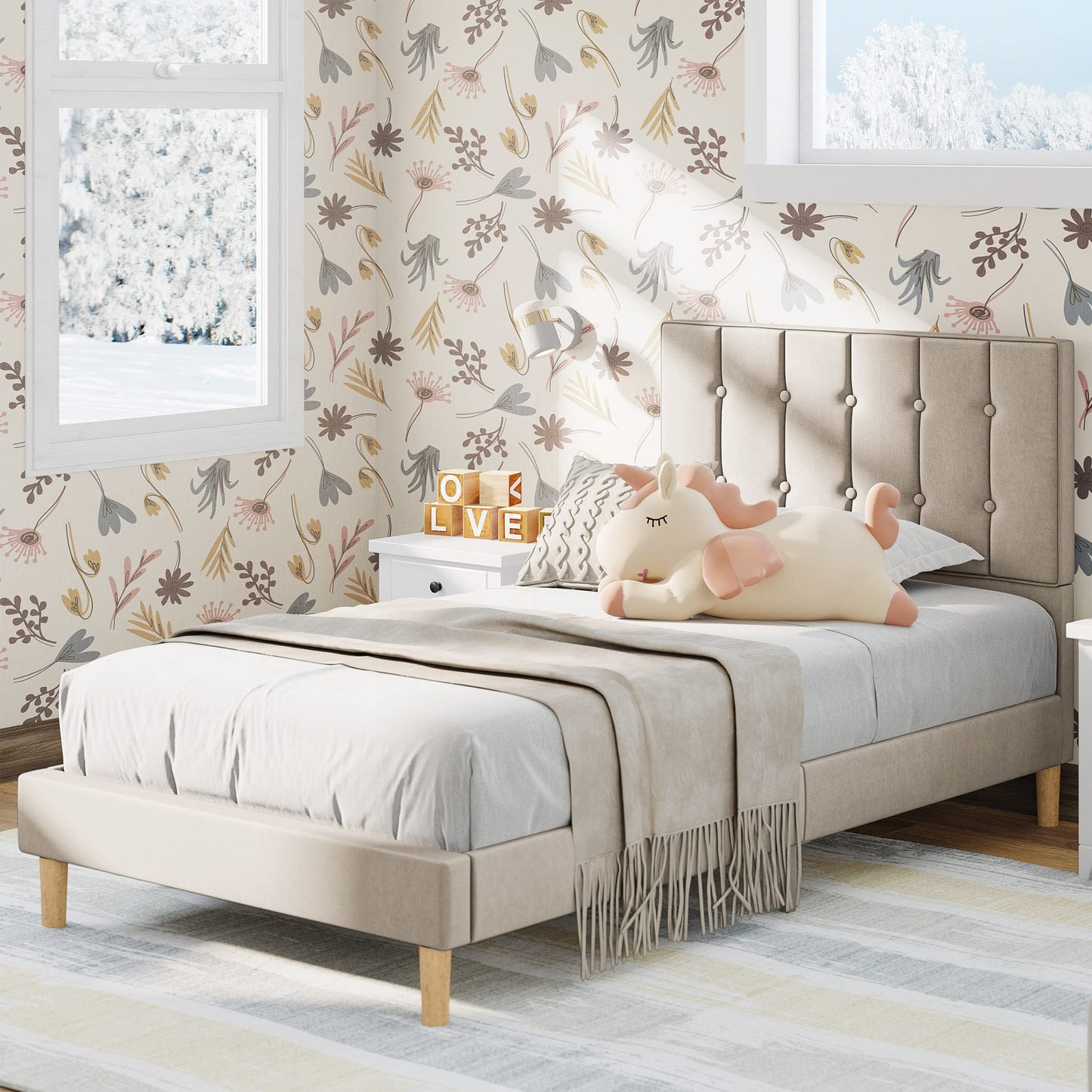 LIKIMIO Twin Bed Frames, Velvet Upholstered Platform Bed Frame with Headboard and Strong Wooden Slats, No Box Spring Needed/Noise-Free/Easy Assembly, Beige