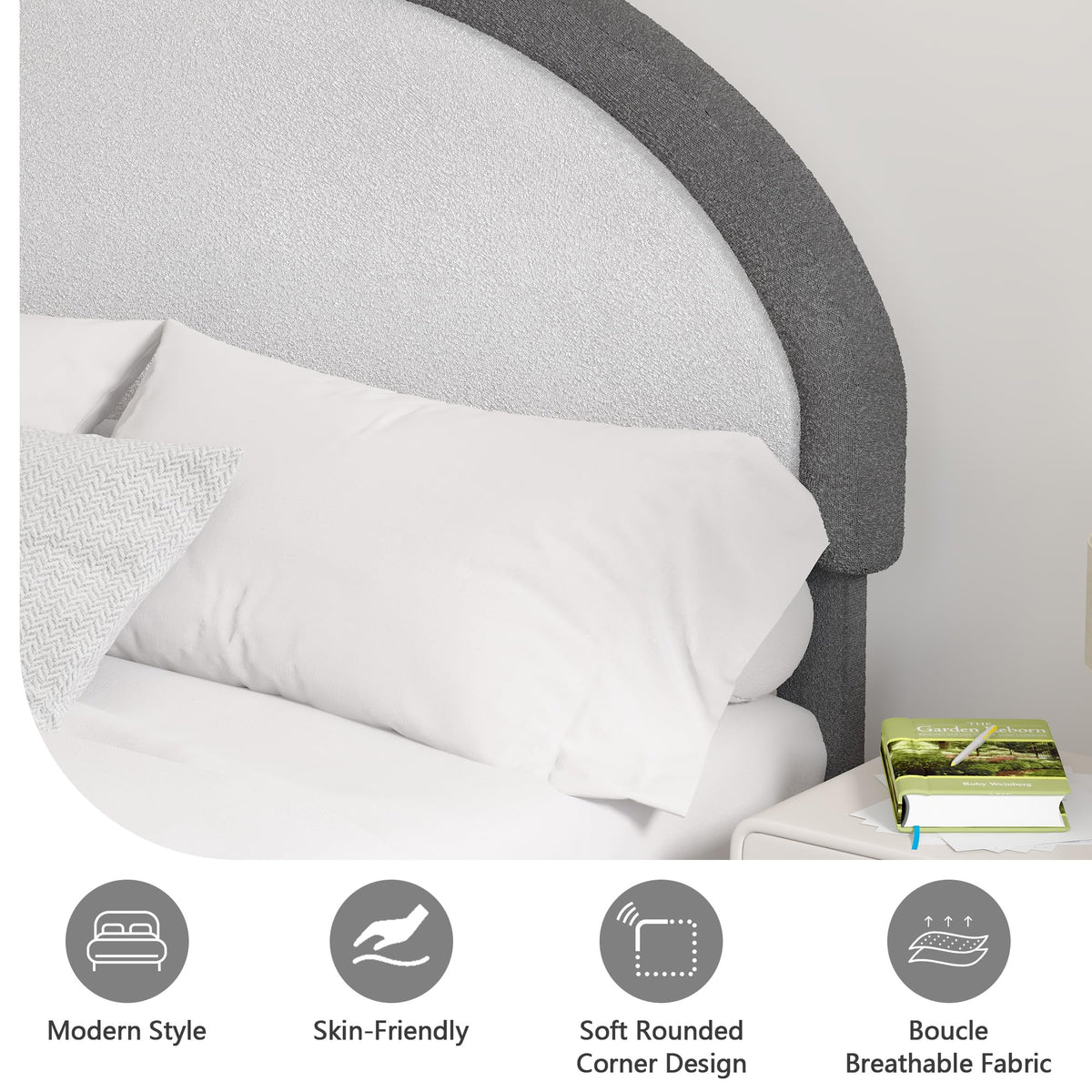 REVOMINCA Twin Boucle Bed Frame, Boucle Upholstered Platform Bed Twin Size with Headboard, Twin Bed Frame for Kids Boys Girls, Low Profile Bed, Soft Rounded Corners, No Box Spring Needed, Grey