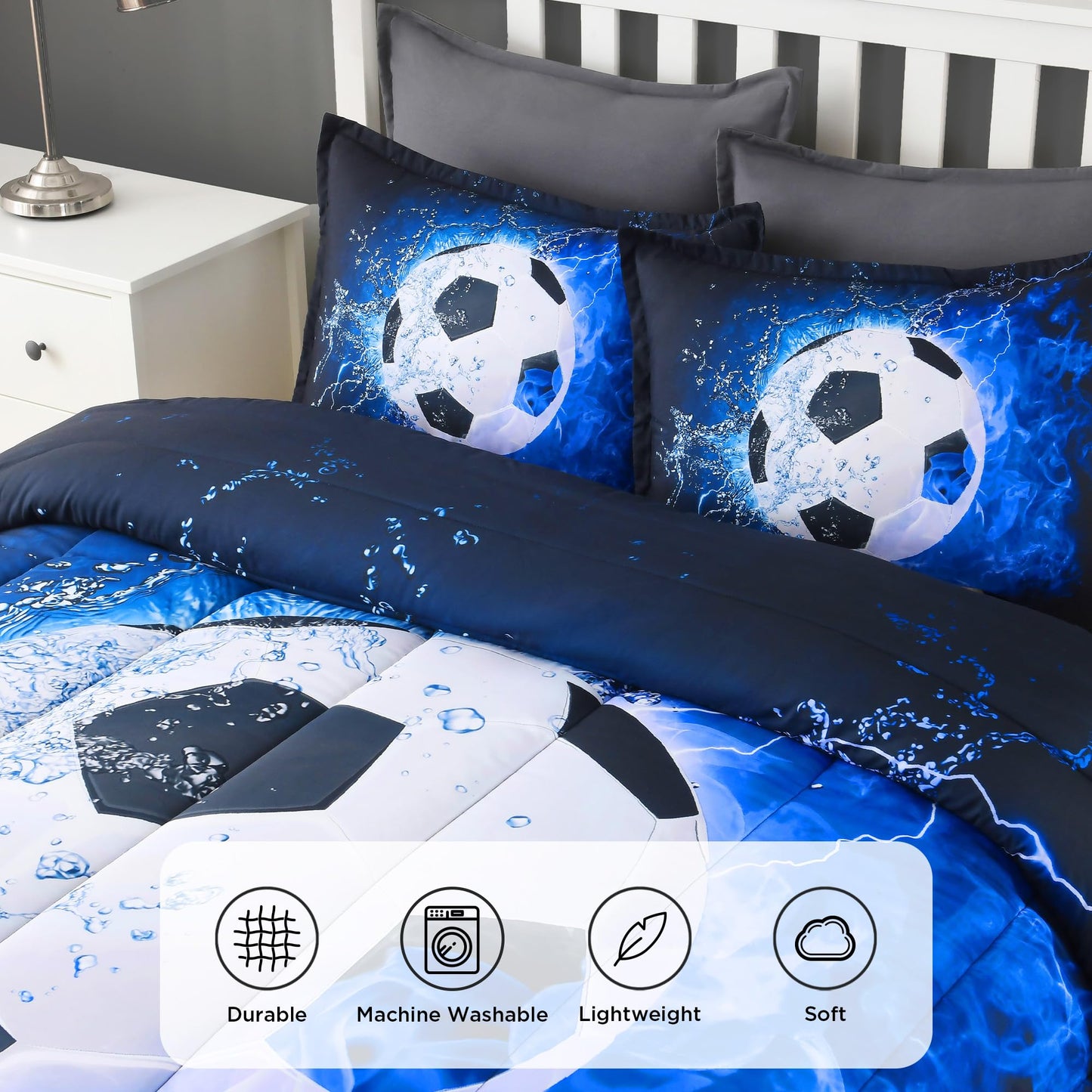 Andency Soccer Comforter Twin(66x90 Inch), 2 Pieces(1 Soccer Comforter, 1 Pillowcase) Blue Flame Soccer Comforter Set Sport Microfiber Bedding Set for Boy Girl Kids, Teen