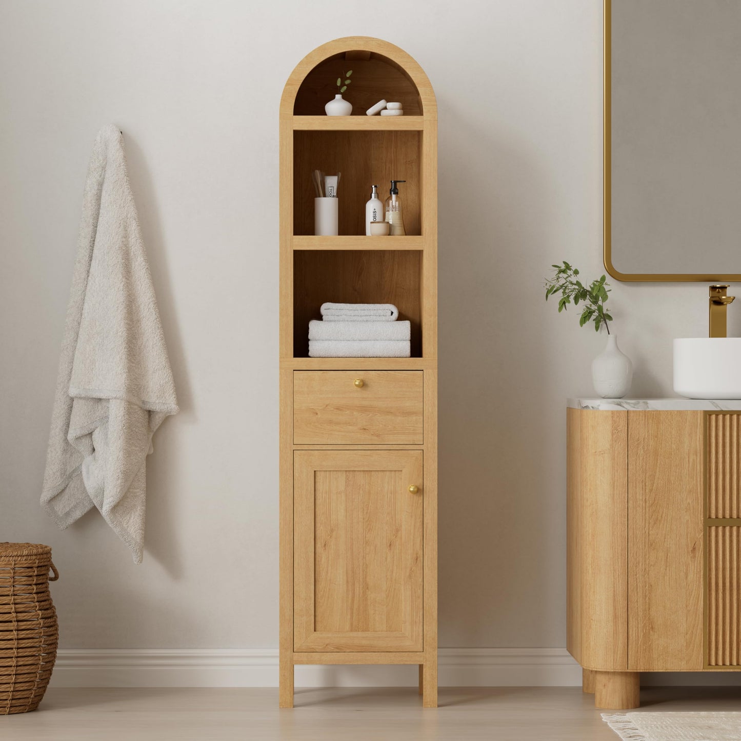 MoomJiee 67" Tall Arched Bathroom Storage Cabinet, 5 Tiers Arch Kitchen Pantry Cabinet with 1 Door and 1 Drawer, Farmhouse Arched Bookcase with 2 Adjustable Shelves for Bathroom, Kitchen, Natural Oak