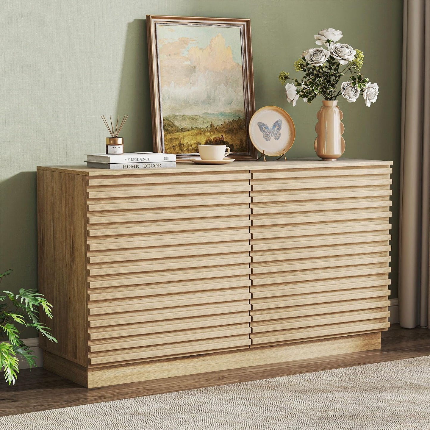 BREEZEHEAT Fluted Dresser for Bedroom–6 Drawer Wide Chest of Drawers, Modern Wood Farmhouse Dresser TV Stand, Closet Storage Cabinet for Living Room, Hallway, Natural Oak Finish, 47” Wide