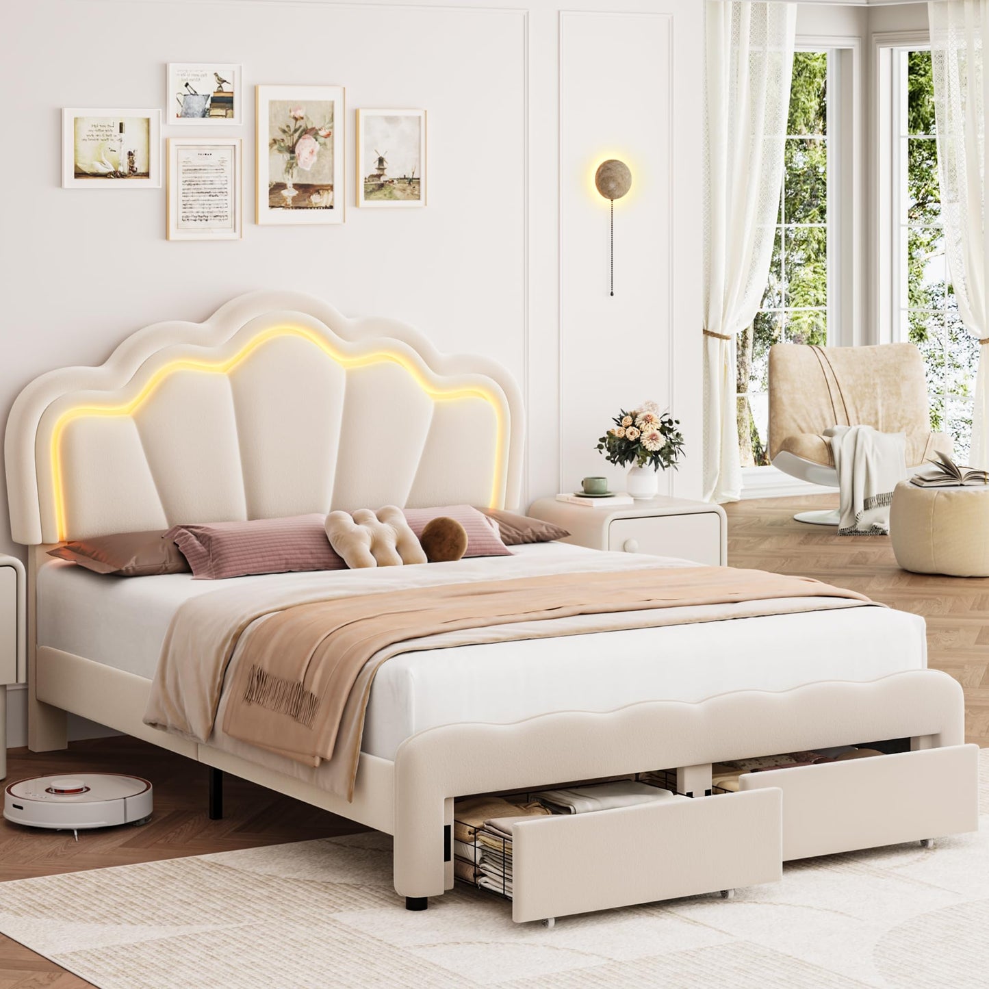 HOSTACK Queen Upholstered LED Bed Frame with Storage Drawers, Cute Girls Bed with Adjustable Lotus Headboard, Velvet Princess Platform Bed Frame, Wooden Slats Support, No Box Spring Needed, Cream