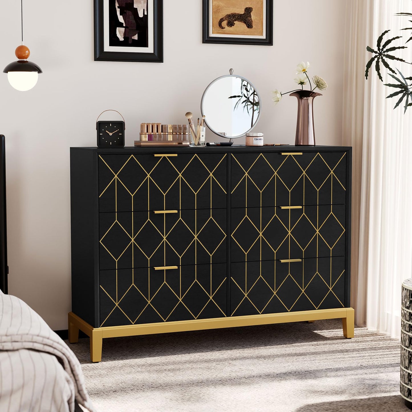 HLR Black Dresser with 6 Drawers,48" Modern Dresser Wide Chest of Drawers with Gold Lines Carved Design,TV Stand, Wood Dressers & Chest of Drawers for Bedroom, Living Room, Hallway