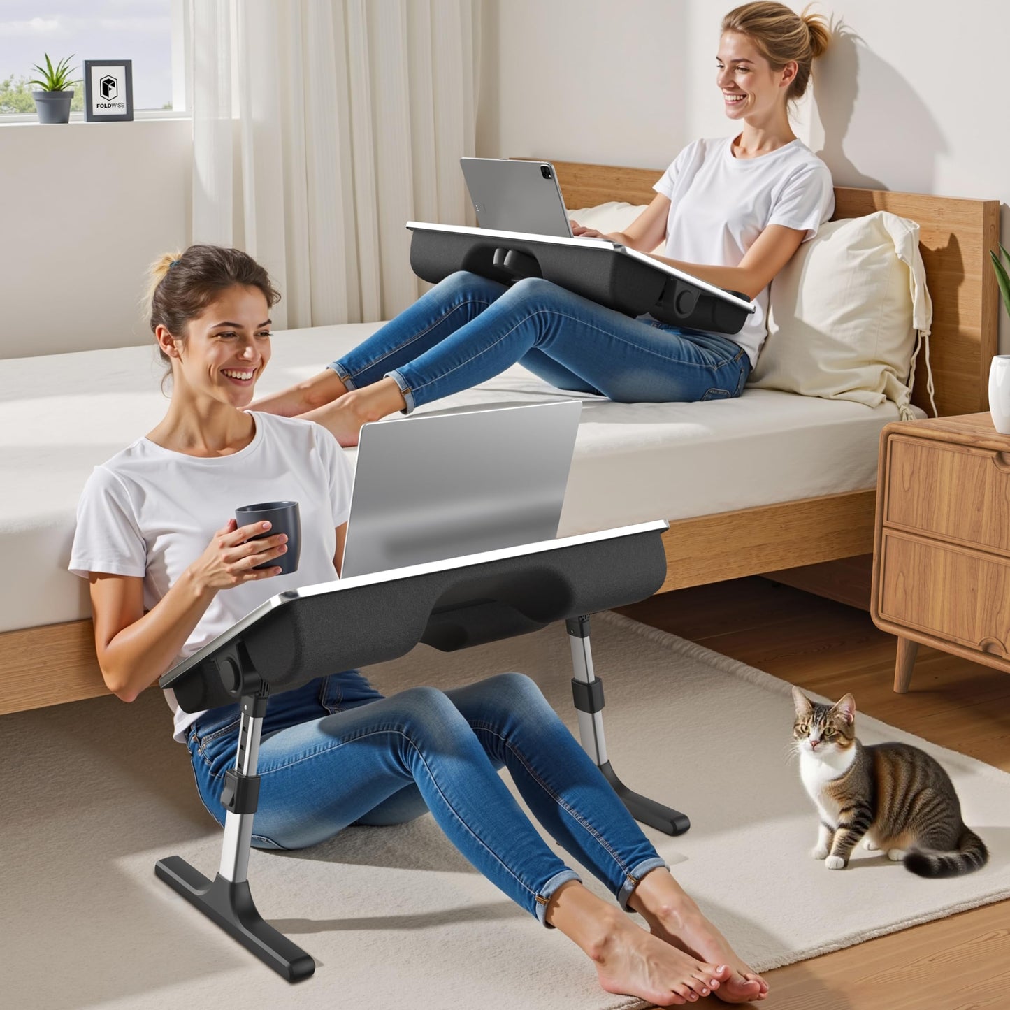 FoldWise 2-in-1 Lap Desk & Laptop Stand for Bed - Soft Cushions, Foldable & Adjustable Laptop Lap Desk for Couch, Wrist Rest, Tablet Holder, Edge Stopper & Leather, Ideal for Bed Desk, Couch & Chair