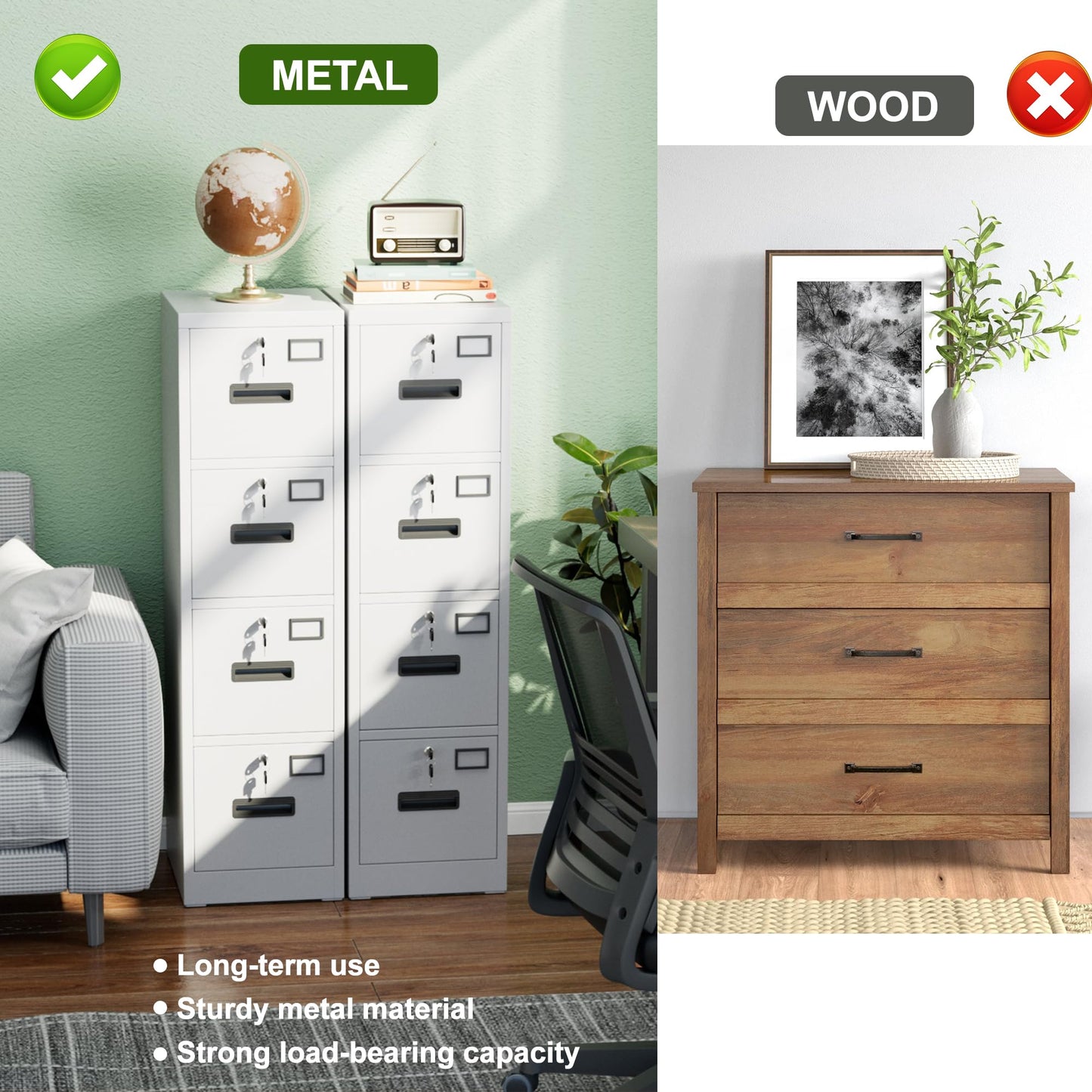 Reemoon Vertical File Cabinet with 4 Drawers,Metal Filing Storage Cabinet with 4 Lock, A4 Letter/Legal Size for Home Office School, Assembly Required,White