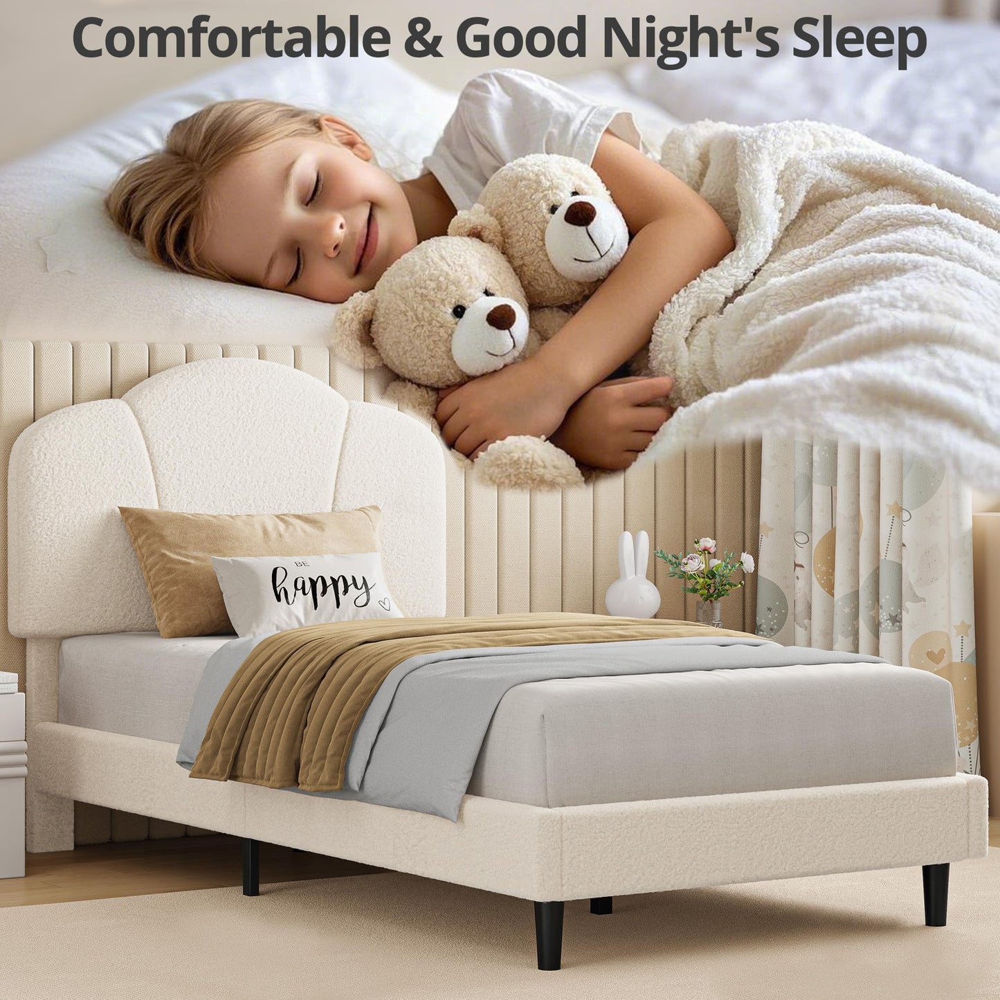 LIKIMIO Twin Size Bed Frame, Upholstered Twin Platform Bed with Headboard Lamb Velvet Twin Beds, No Box Spring Needed with 800LBS Sturdy Wooden Slats Support, Noise Free, Easy Assembly, White