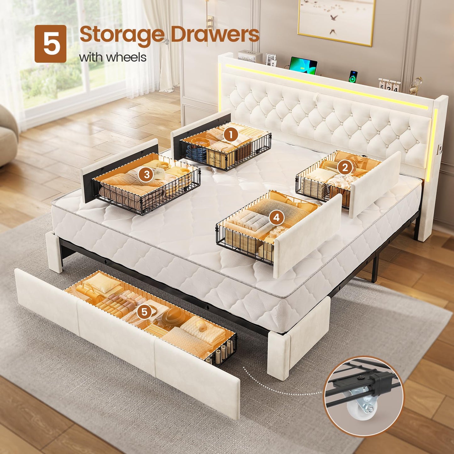 BTHFST King Upholstered LED Bed Frame with 5 Drawers, Velvet Hidden Storage Headboard with Charging Station, Button Tufted Headboard and Heavy Duty Metal Slats Support, No Box Spring Needed, Beige
