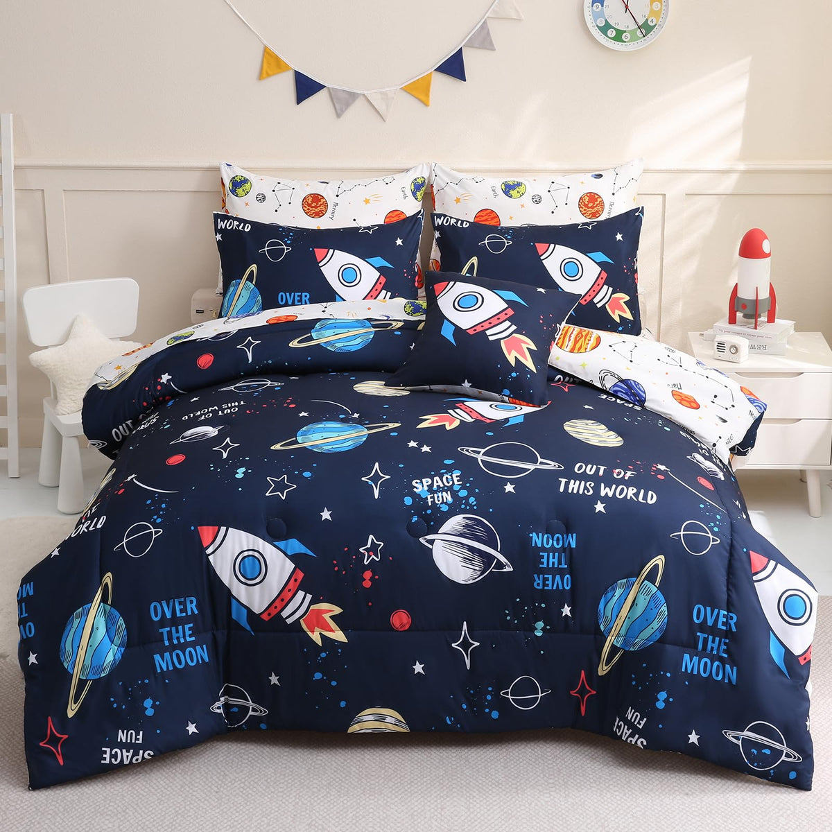 Tasselily 8 Piece Space Comforter Set Twin Size, Rocket Bed in a Bag Space Theme Bedding Sets for Boys Girls Kids