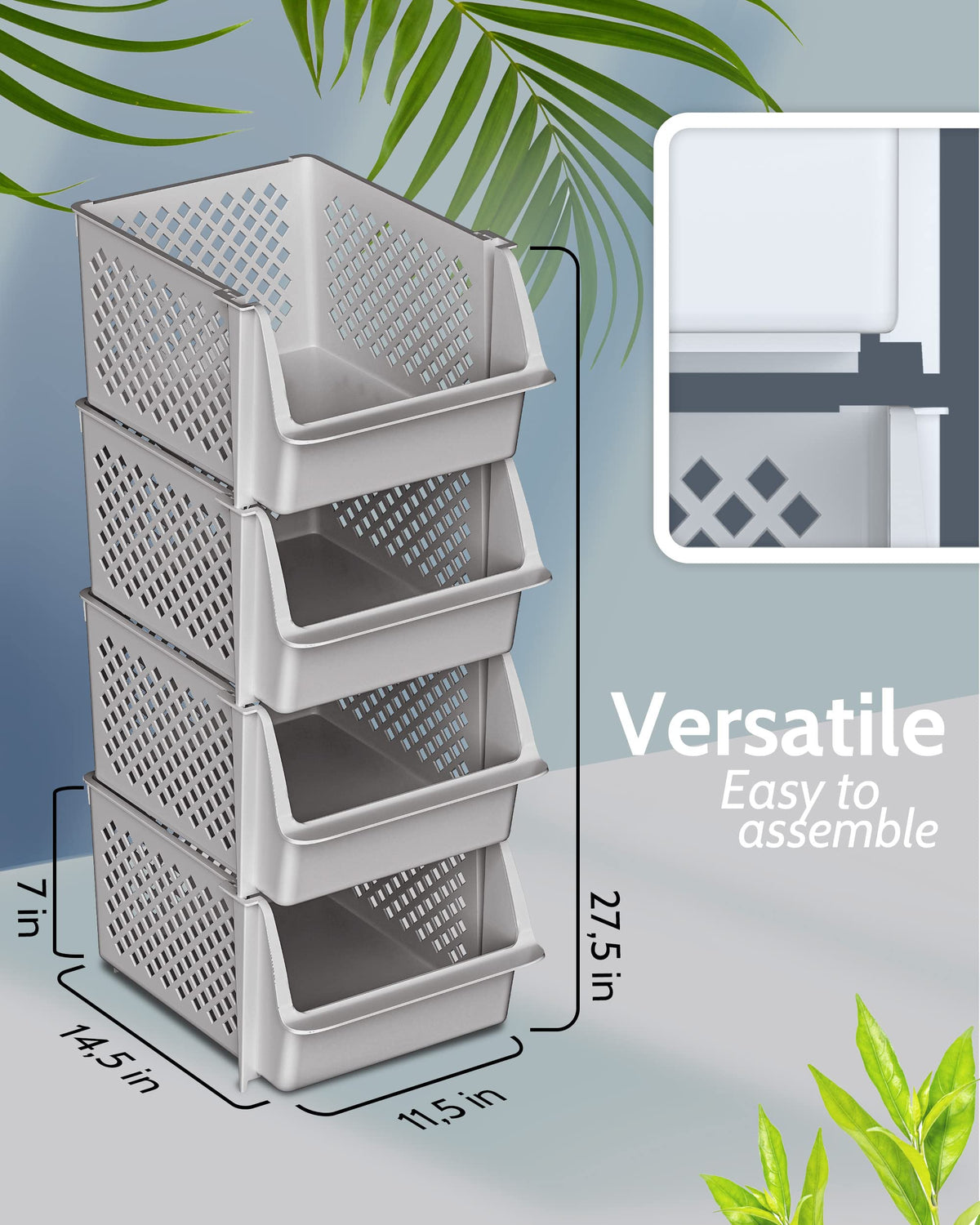 TidyFriend Stackable Storage Bins for Pantry, 4 Pack Stackable Bins For Organizing Food, Kitchen, and Bathroom Essentials (Light Grey)