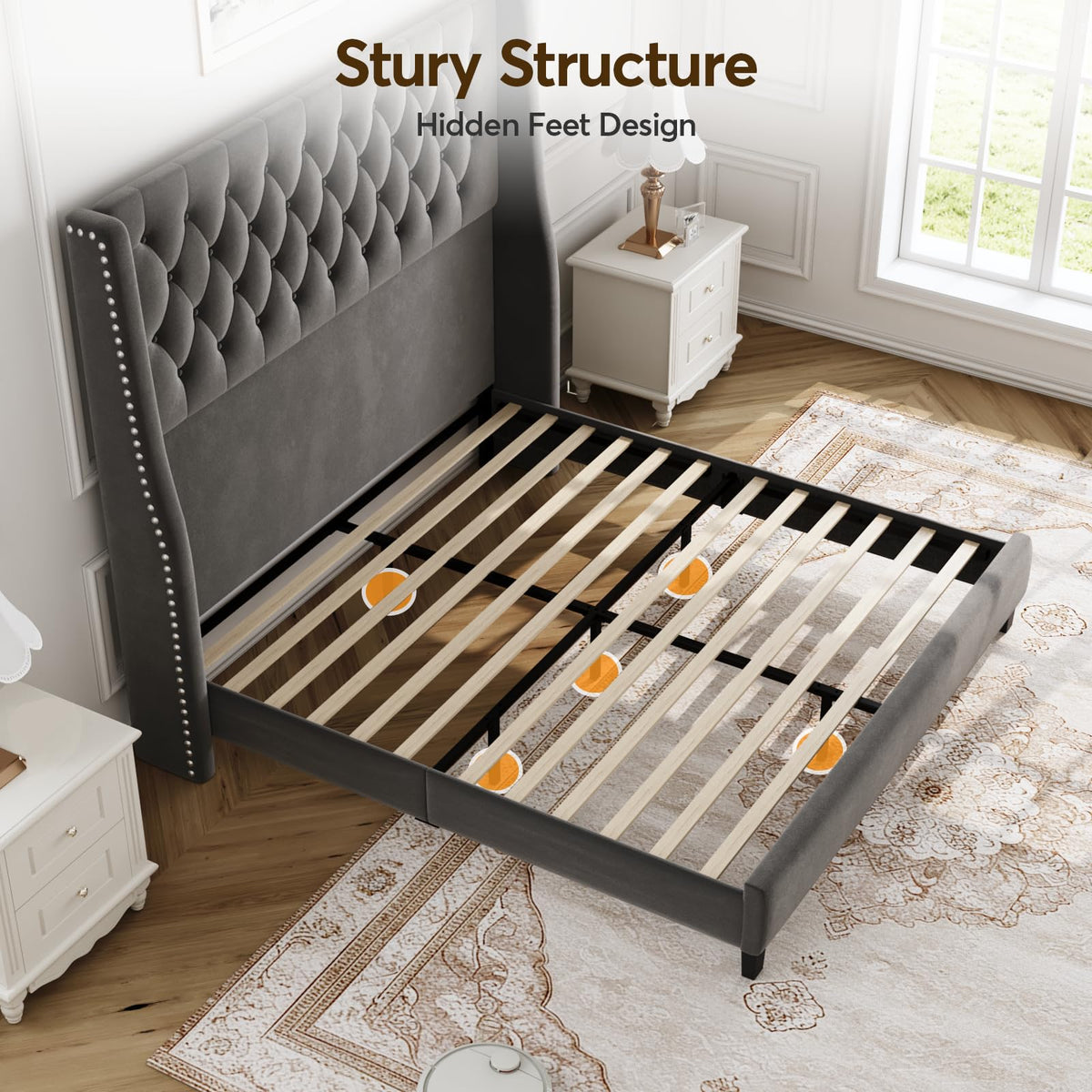 SEREINEY Full Bed Frame with 55" Tall Headboard, Upholstered Bed Frames, Soft Fabric, Button Tufted Headboard with Windback, Platform Bed, Noise-Free, No Box Spring Needed, Grey