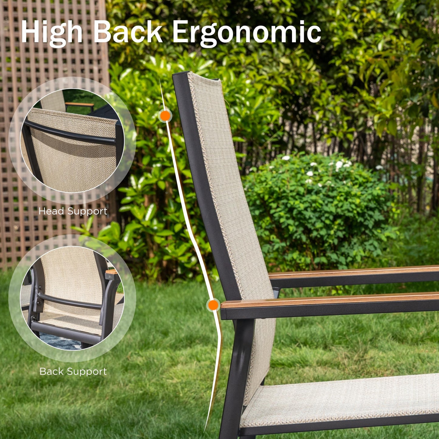 PHI VILLA Outdoor Stackable Chairs, Patio Chairs Set of 4, Light Weight Aluminum Frame with Textilene Fabric & Wood Armrest, High Back Deck Chairs for Poolside Lawn Garden, Beige