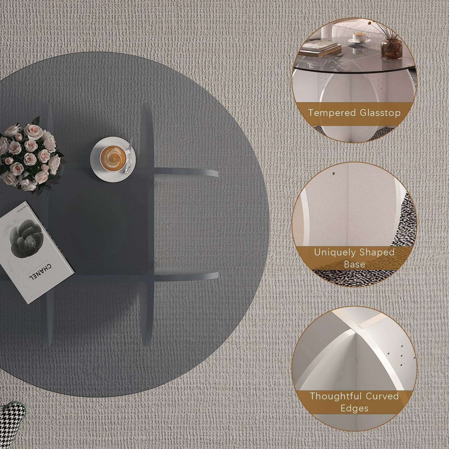 HedoAjim Round LED Coffee Table with Glass Top,Center Table with Storage for Living Room,Small Spaces, Office, and Lounge,32" White and Grey Glass Coffee Table with Smart Music Lamp