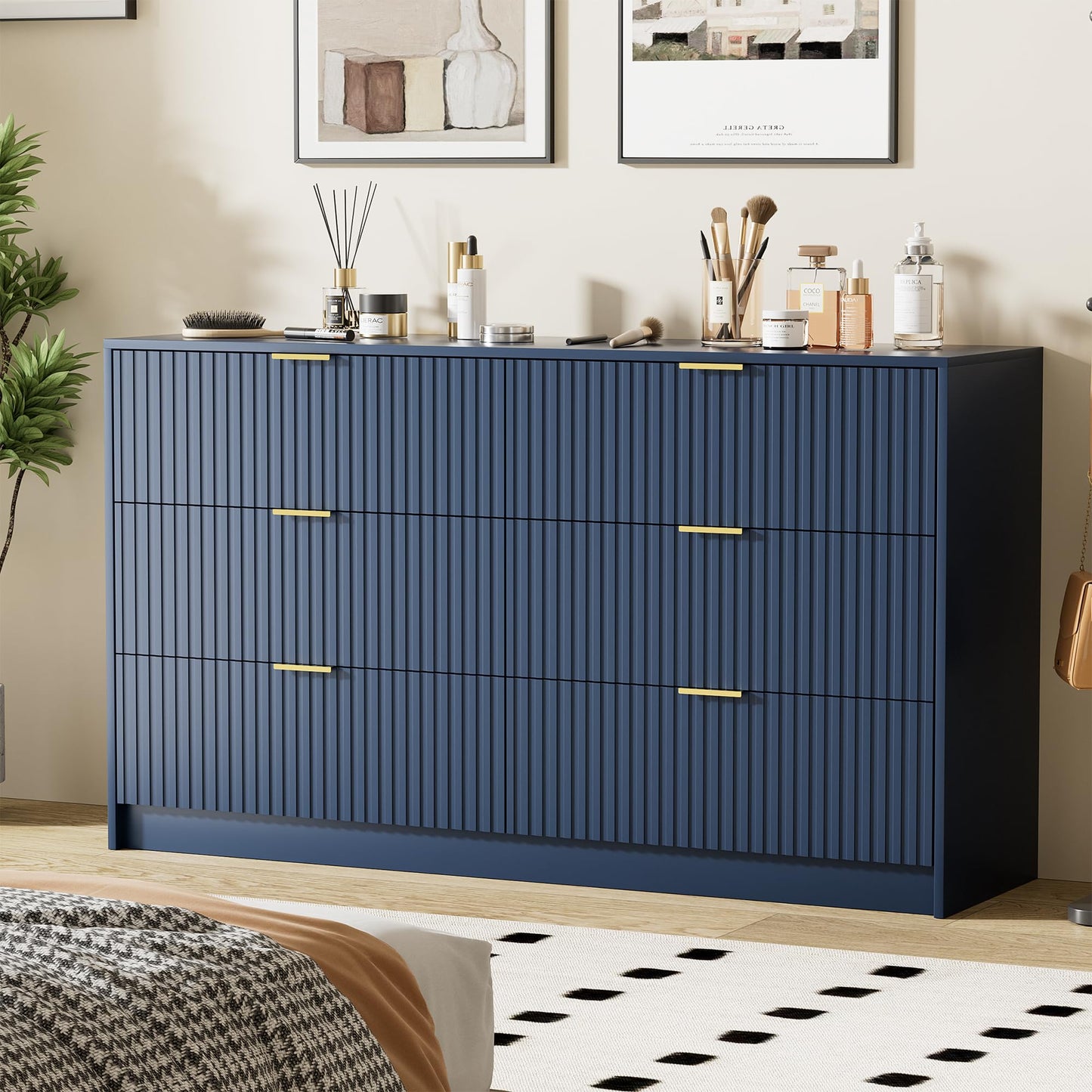 Furniway Navy Blue Dresser for Bedroom, Modern Dresser with 6 Drawers and Smooth Slides, Wide Chest of Drawers with Golden Handles for Bedroom, Living Room, Closet, 15.7" D x 55.1" W x 31.4" H