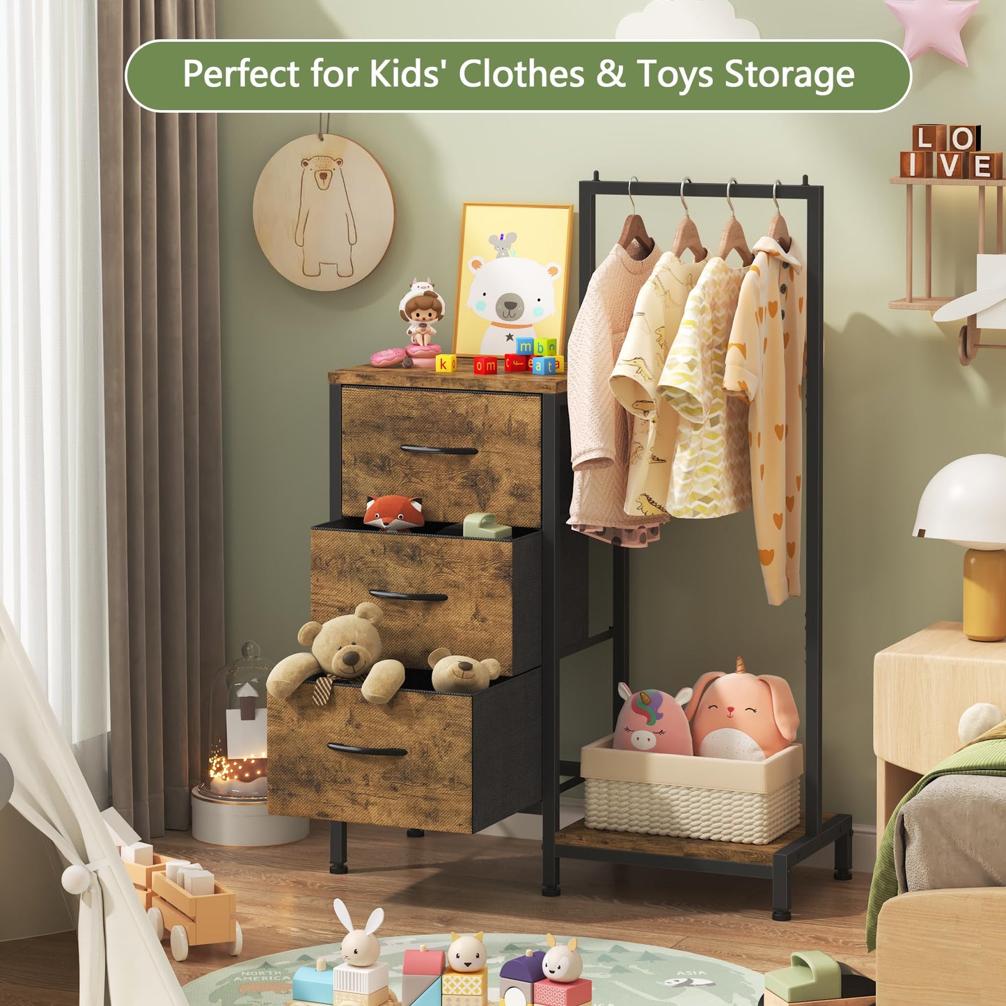 AFLUI Dresser for Bedroom with Hanging Rack, 3 Drawers Dresser for Bedroom - Rustic Brown