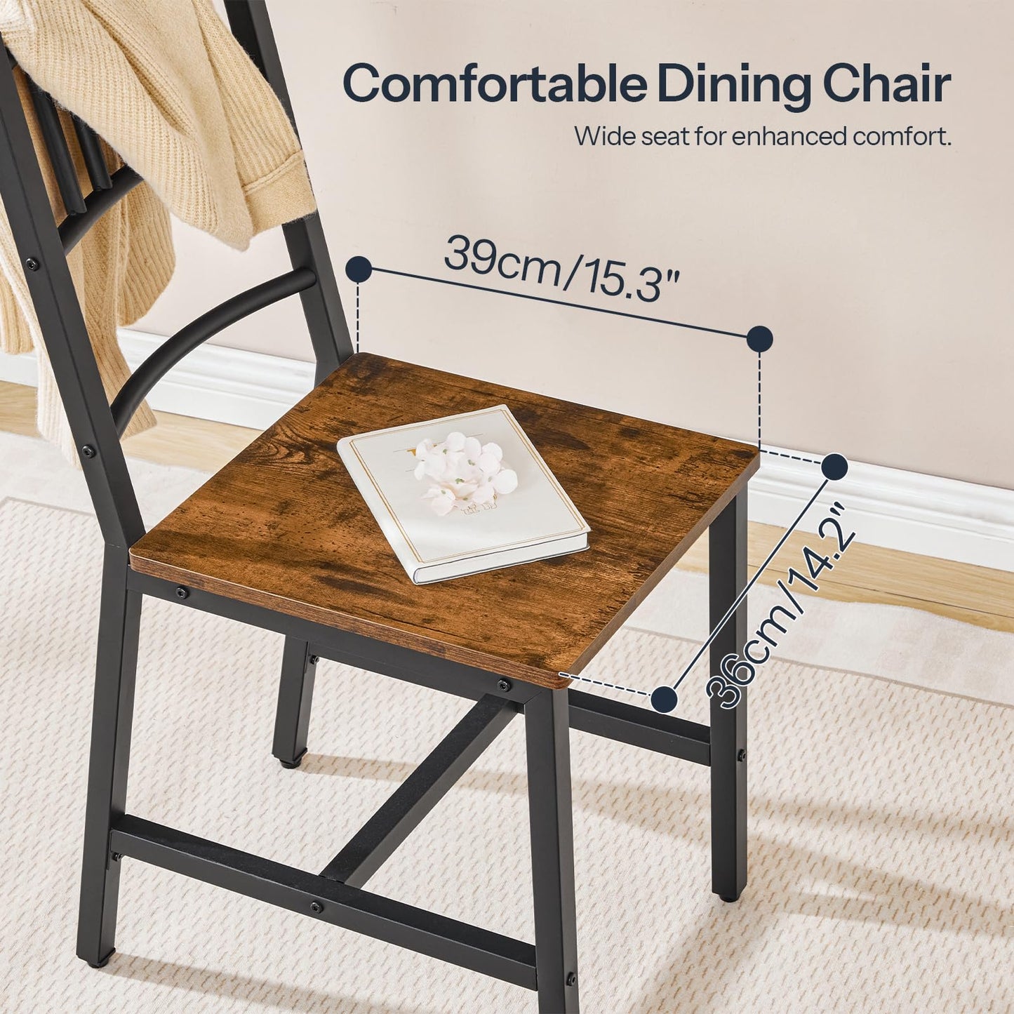 HOOBRO Kitchen Chairs Set of 2, Wooden Dining Room Chairs with Metal Frame, Dining Chairs with Back, Easy to Assemble, Farmhouse Dining Chairs for Kitchen, Living Room, Rustic Brown and Black BF39CD01
