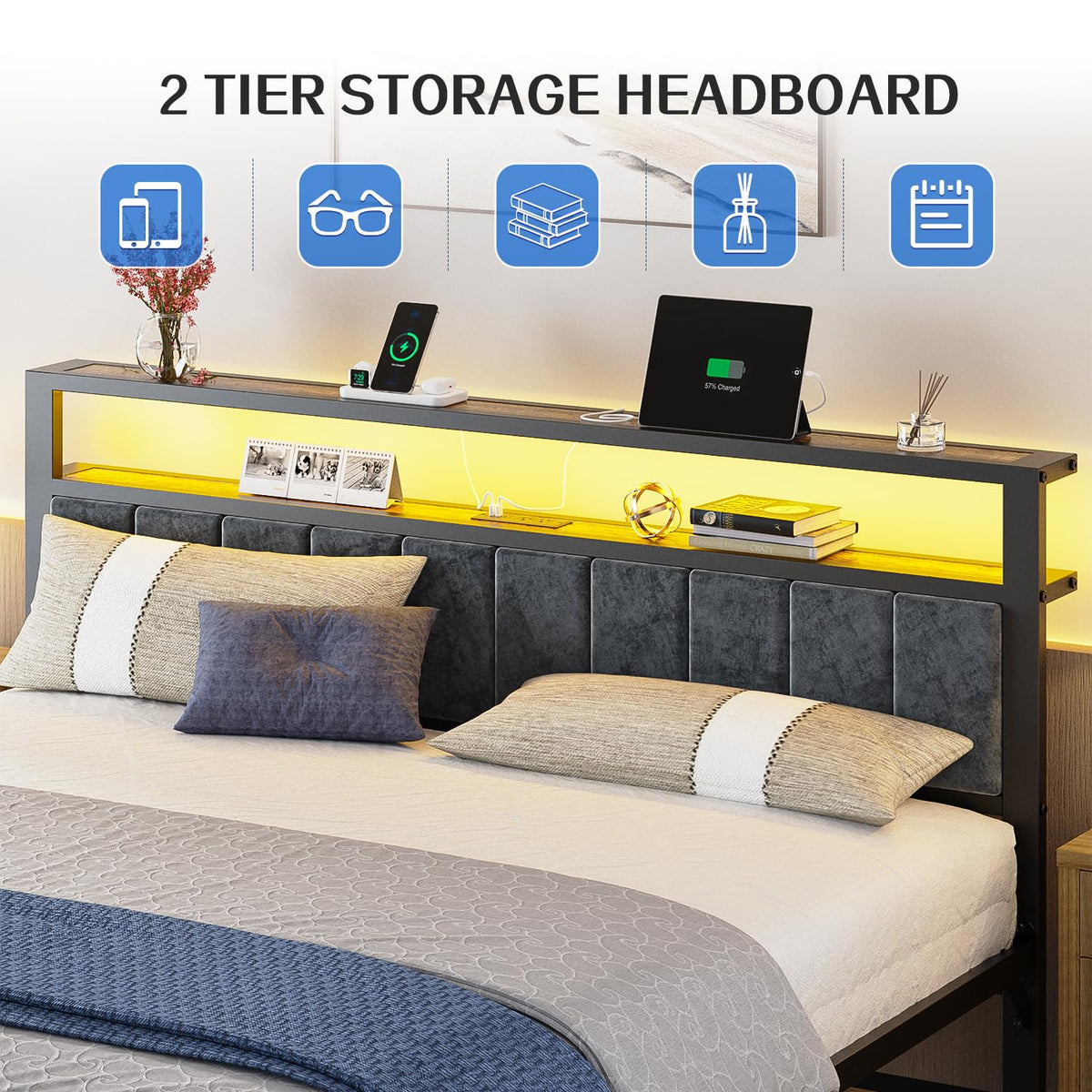 King Size Platform Bed Frame with LED Lights, Grey Upholstered Headboard with 2-Tier Storage Shelves with Charging Station, Noise Free, No Box Spring Needed, Easy Assemably