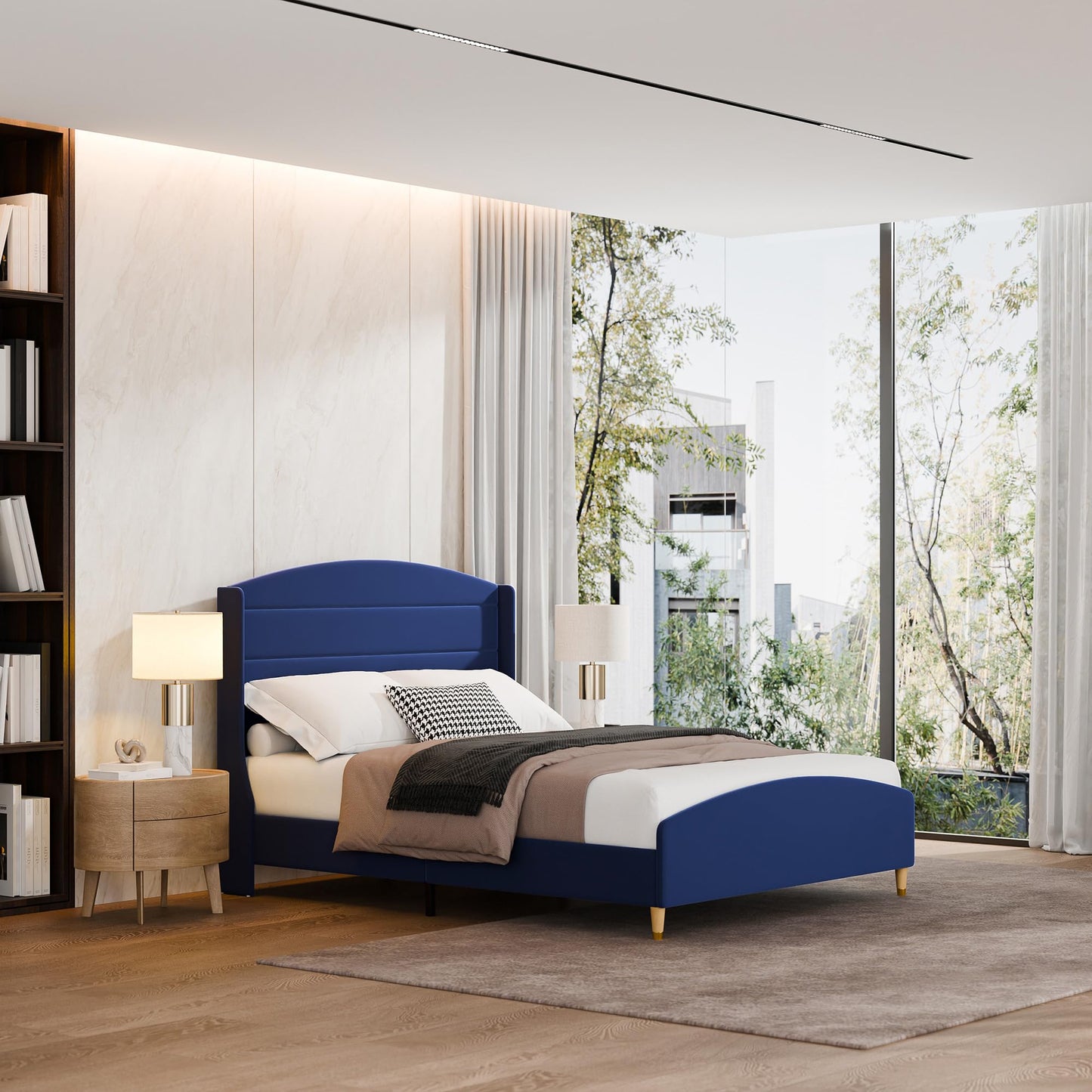 Cozy Castle Queen Size Bed Frame 50.4" High Wingback Headboard Velvet Upholstered Bed/No Box Spring Required/Wood Slat Support/Easy Assembly (Navy Blue)