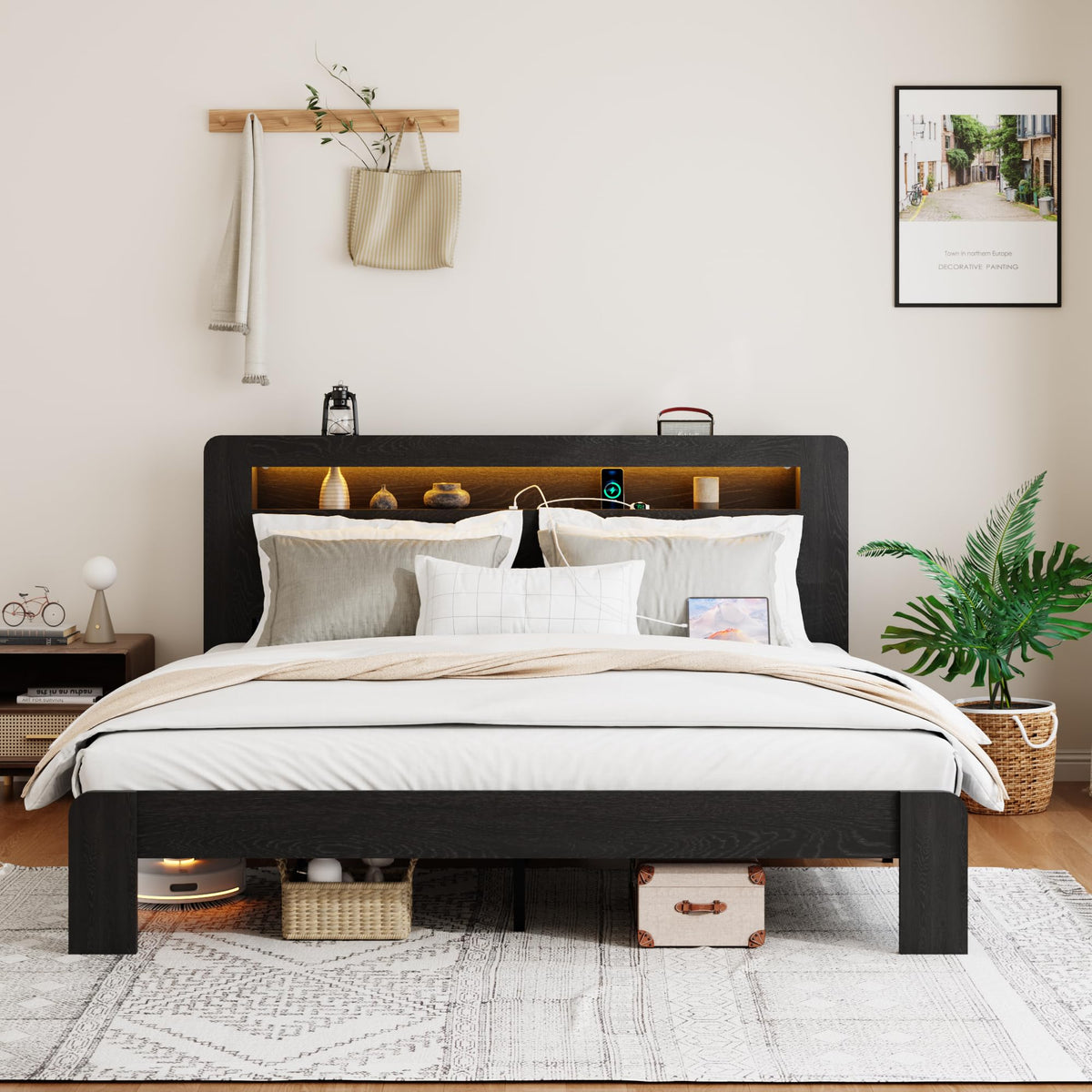 SAMTRA Wooden Bed Frame King Size with Storage Headboard, Farmhouse Platform Bedframe with Bookcase Shelf & Led Lights, Sturdy Wood Slat Framework Bed Frame (Classic Black)