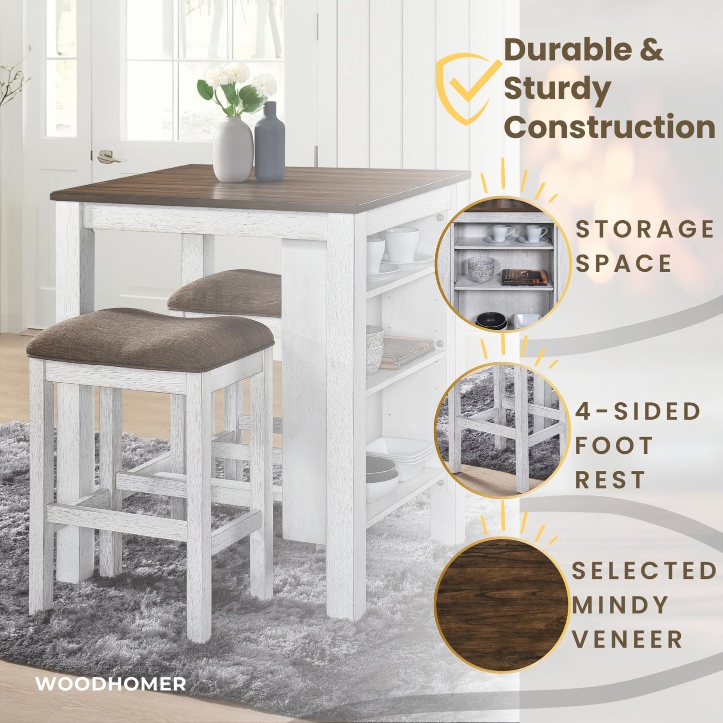 WOODHOMER 3-Piece Wooden Dining Table Set, Kitchen Island with Seating for 2, Kitchen Bar Table with Stools, Counter Height Dining Table Set, Antique Dark Oak & White, Farmhouse Style