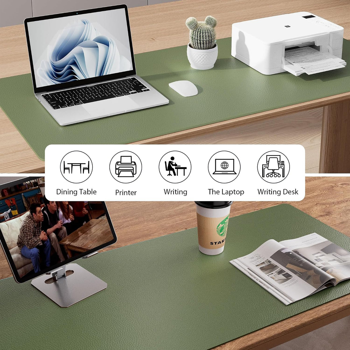Aothia Faux Leather Desk Mat – Large Mouse Pad, Non-Slip PU Leather Blotter, Waterproof Writing Surface for Office and Home (Olive Green, 47.2" x 23.6")