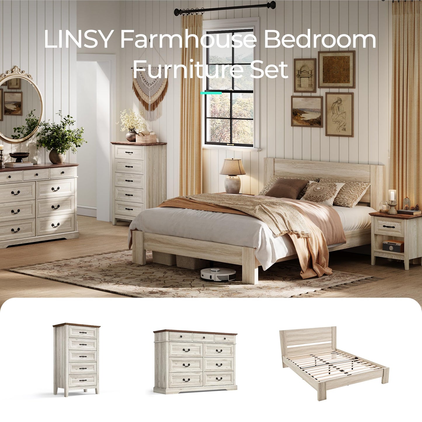 LINSY Night Stand Set of 2, 18.9" Farmhouse Wood NightStand with Type-C Charger &Open Storage Shelf Nightstands with Drawer, Side Table End Table for Bedroom Living Room Sofa Couch Office Beige