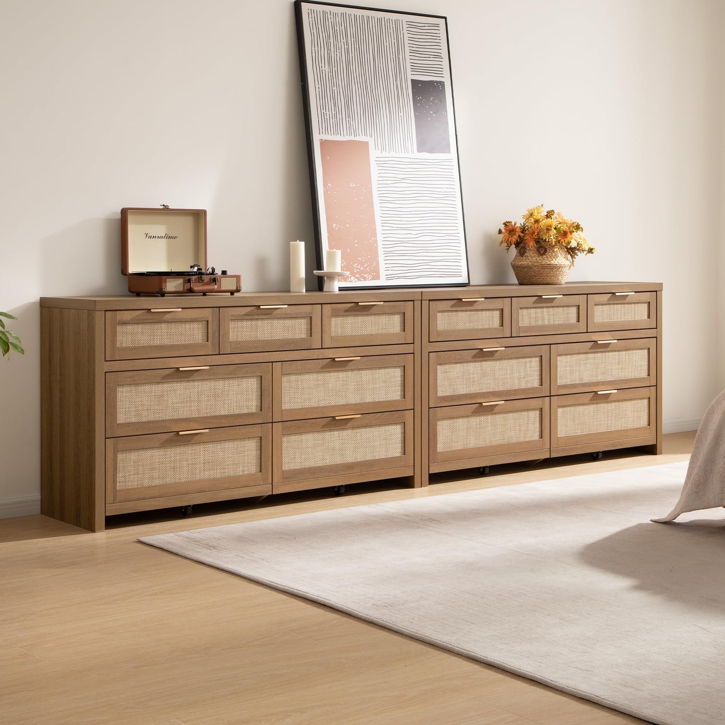 SICOTAS 7 Drawer Dresser for Bedroom, 57" Wide Rattan Dressers for Nursery, Living Room TV Stand, Boho Closet Organizer Chests of Drawer (Reclaimed Caramel Oak, 7 Drawers (1 pc))