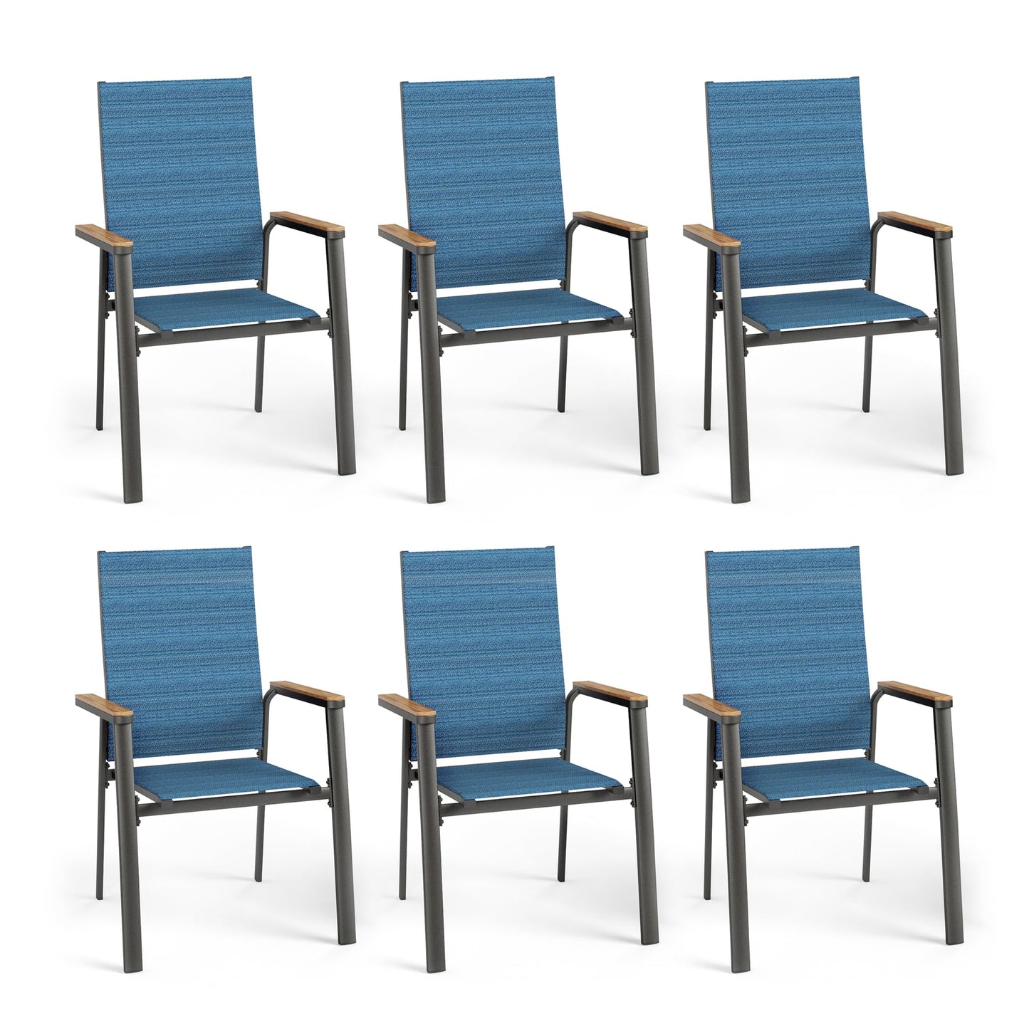PHI VILLA Outdoor Stackable Chairs, Patio Chairs Set of 6, Light Weight Aluminum Frame with Textilene Fabric & Wood Armrest, High Back Deck Chairs for Poolside Lawn Garden, Blue