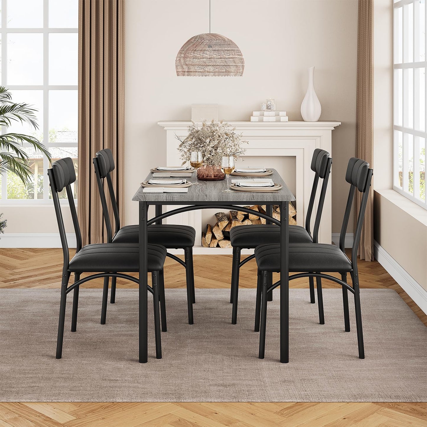 GarveeHome Dining Table Set for 4, Kitchen Table with 4 Upholstered Chairs, Wood Rectangular Dining Table and Chairs Set, for Small Space, Apartment, Dinner, Rustic Gray