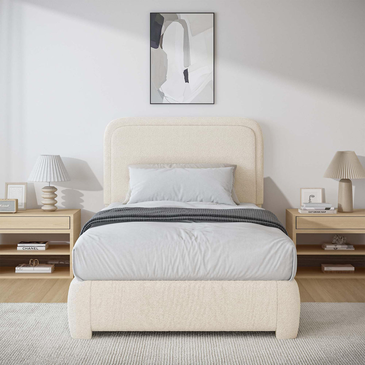 Twin Size Bed Frame, Boucle Upholstered Platform Bed Frame with Headboard, Modern Style, Soft Rounded Corners, No Box Spring Required, Easy Assembly, Cream
