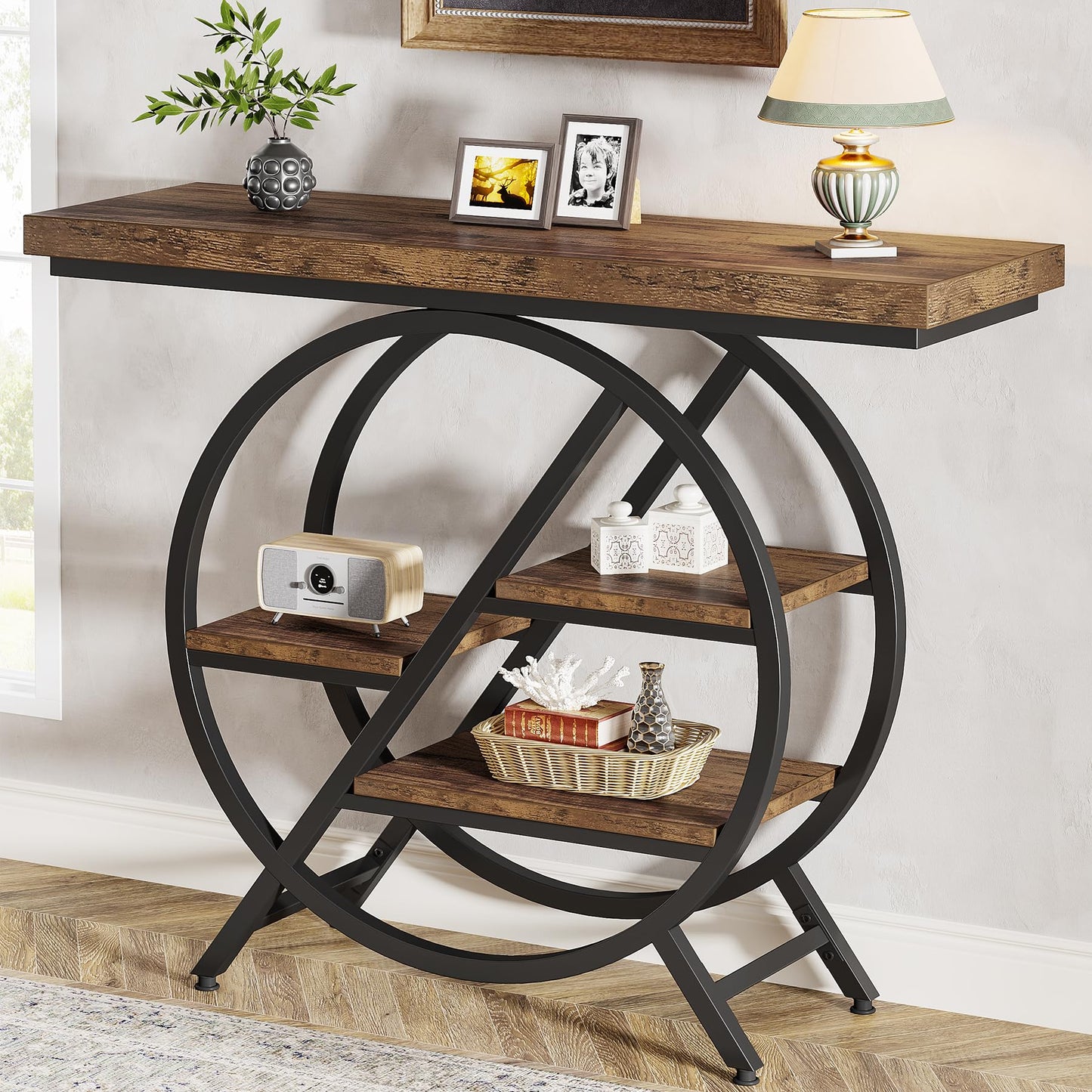 Tribesigns Console Table, 40-Inch Entryway Table with Storage Shelves, 4-Tier Industrial Hallway Sofa Table with Geometric Metal Frame, Accent Table for Living Room, Entryway, Rustic Brown