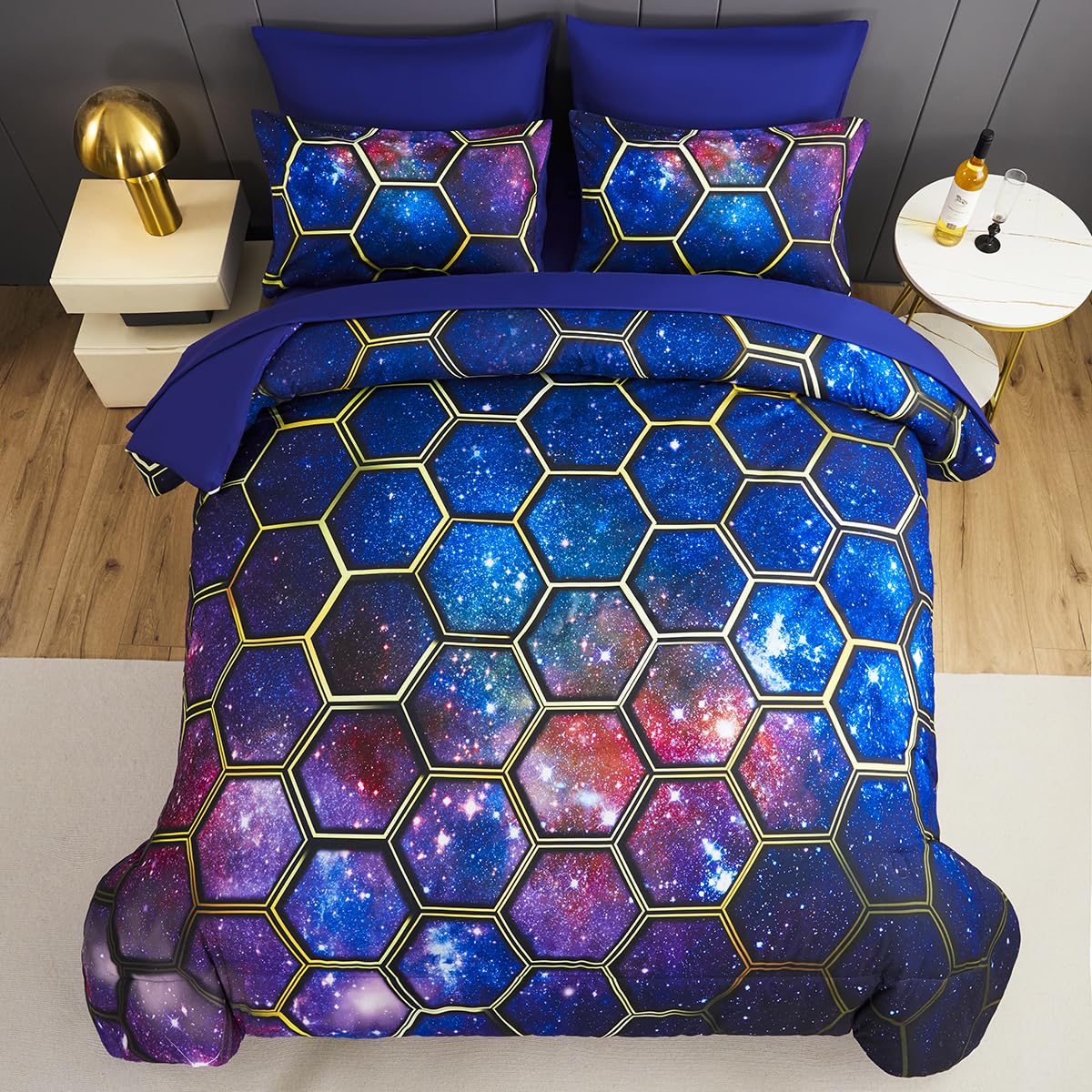 ZSYAYAHA Purple Space Bedding Set Kids Twin Bed Set for Boys Blue Galaxy Comforter Sets for Girls Soft Fluffy 7 Pieces Bed in A Bag Set with Sheets(Space Blue, Twin)