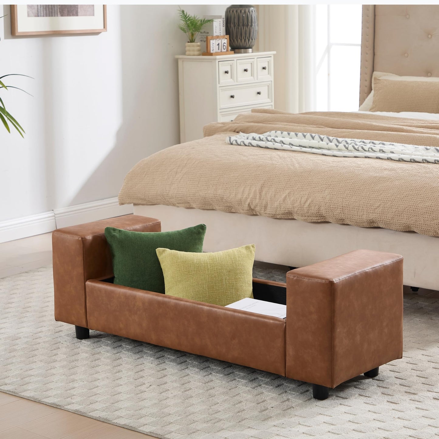 Janoray Storage Ottoman Bench 55 Inch Upholstered Comfy PU Leather End of Bed Bench with Large Storage for Bedroom/Living Room/Entryway/Closet(Brown)