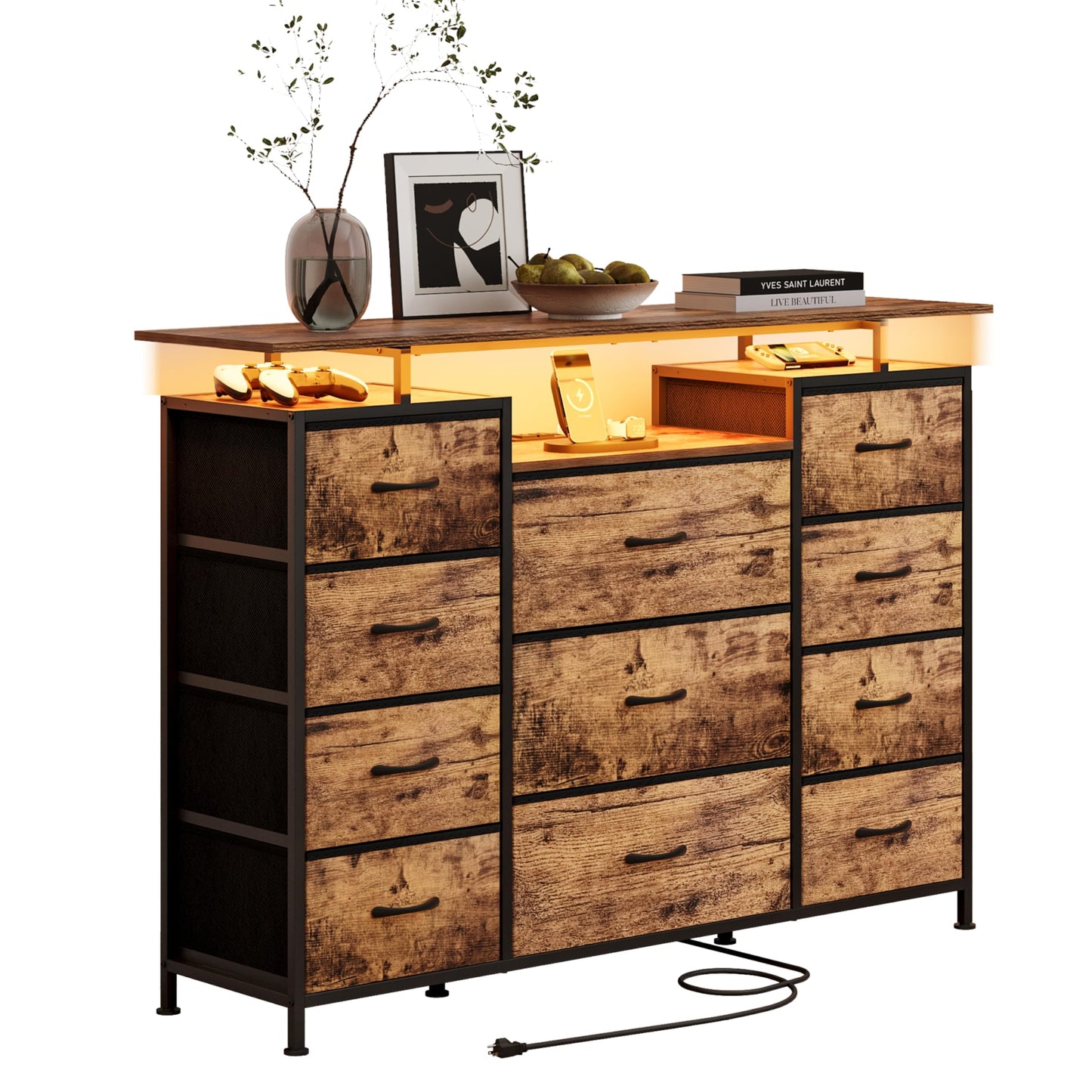 LUMTOK 11 Drawers Dresser with Fabric Drawers,Charging Station, LED Lights and Shelves for Bedroom Storage Organization (Brown)