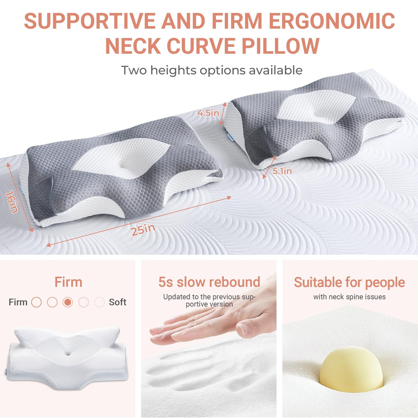 Elviros Cervical Memory Foam Pillows for Neck and Shoulder Pain, Neck Pillow for Sleeping, Side Sleeper Pillows for Adults, Ergonomic Orthopedic Sleeping for Back and Stomach Sleepers (Medium Firm)