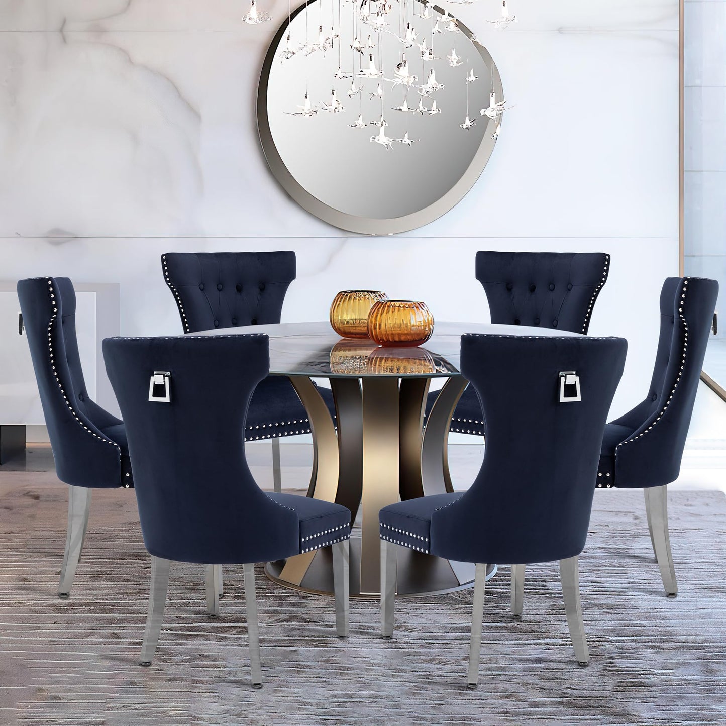Creek Vista Velvet Dining Chairs Set of 2, Upholstered Dining Room Chair with Stainless Legs, Tufted Kitchen Chair with Button Back and Pull Ring, Dark Blue