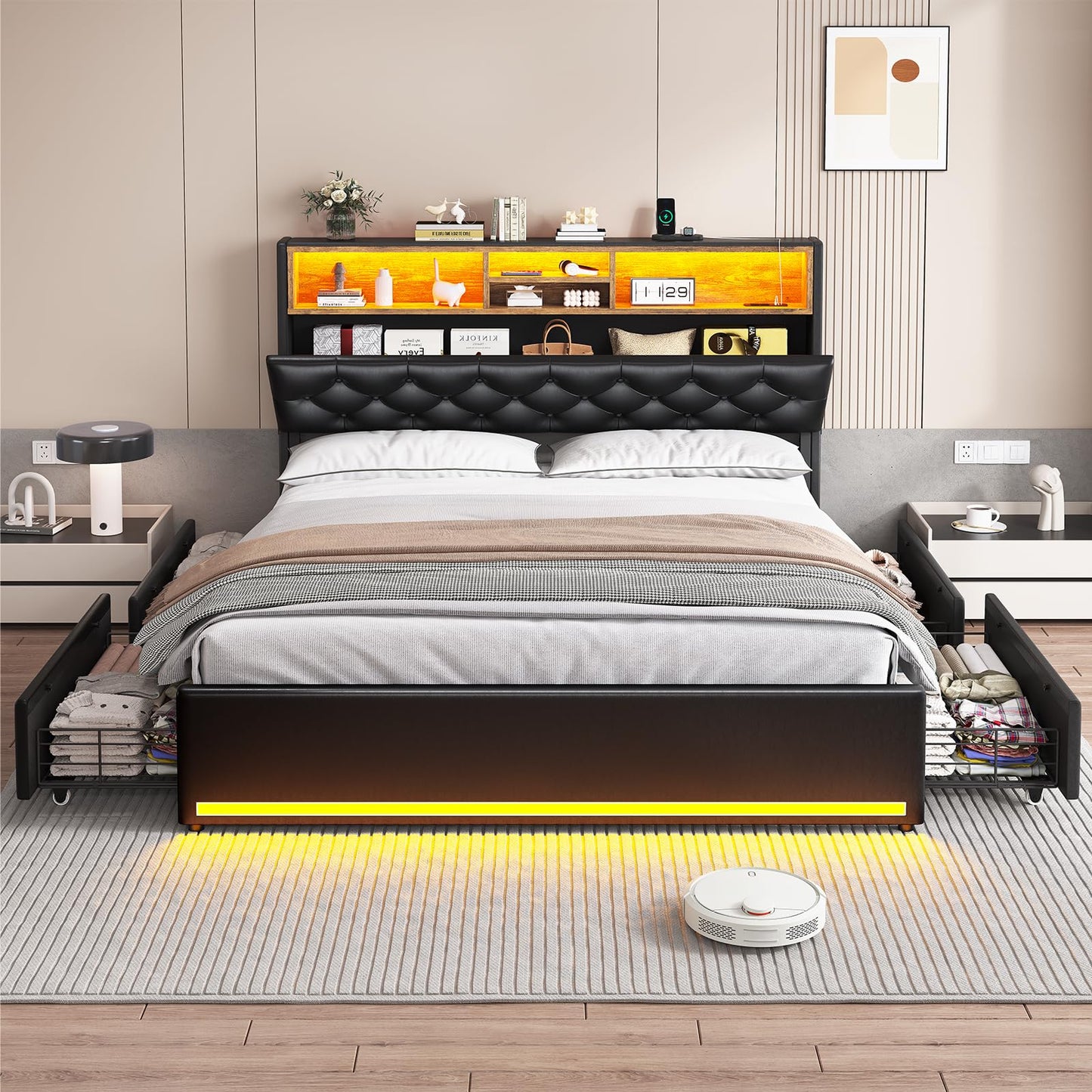 Queen Bed Frame with 3-Tier Headboard & Hidden Storage, Upholstered LED Bed Frame with 4 Drawers and Charging Station,Platform Metal Bed Frame with Storage, No Box Spring Needed, PU Black