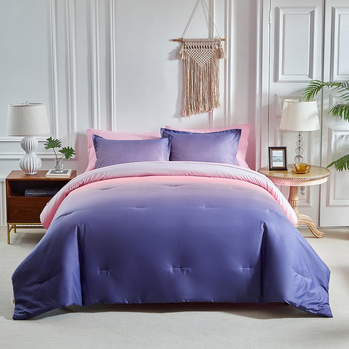 Grey Pink and Purple Gradient Comforter Set Twin Size 6 Pieces Elegant Ombre Bed in a Bag - Reversible All Season Bedding Set with Comforter, Flat Sheet, Fitted Sheet, Pillowcase & 2 Pillow Shams