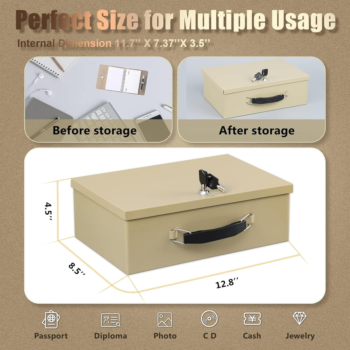 xydled Fire Resistant Safe Fire Safe Box with Key Lock for Home Office Security Storage for Valuables Documents,12.8 x 8.5 x 4.5 Inch,Sand
