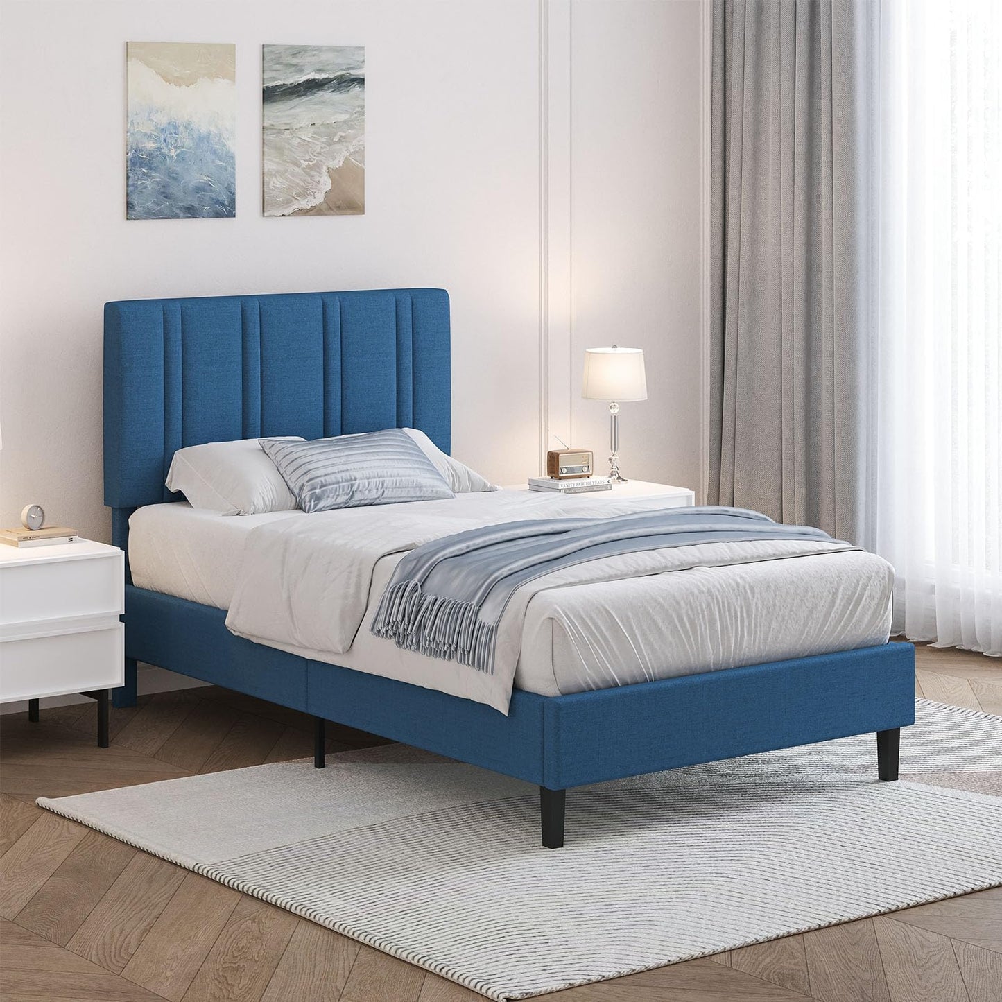 MaverickFurni Twin Bed Frame, Upholstered Platform Bed with Button Tufted Headboard, Blue Bed Frame Twin Size for Kids Girls Boys, No Box Spring Required, Easy Assembly, Blue