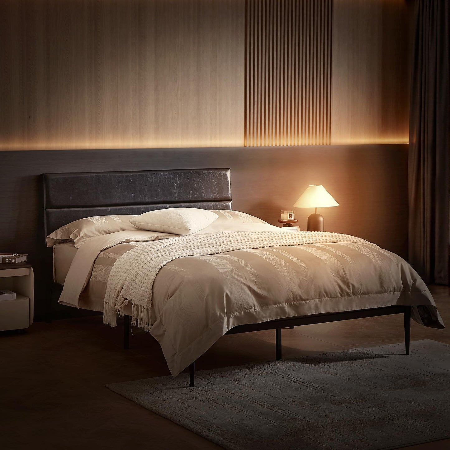 BedsPick Queen Size Bed Frame, Platform Bed Frame with Upholstered Headboard, 12 Quiet Slats, Urban Style Design, No Box Spring Needed (Dark Black)