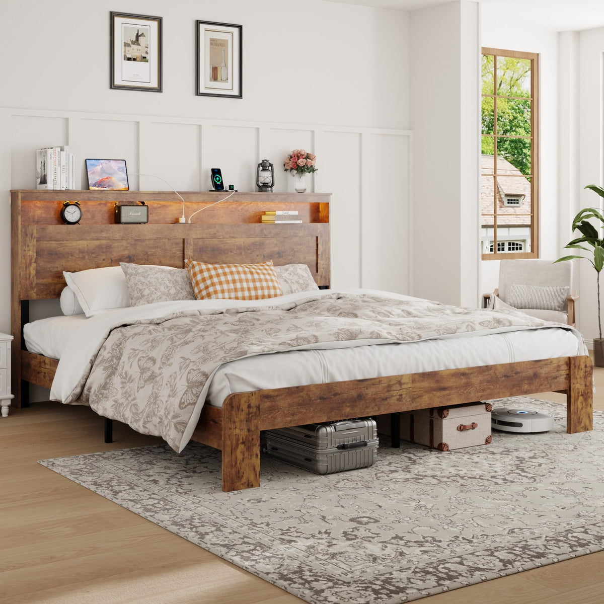 FSTAR King Size Wooden Bed Frame with Headboard, Farmhouse Bedframe with Charging Station & Led Lights, Heavy Duty Metal Slats, Noise Free, No Box Spring Needed, Dark Brown