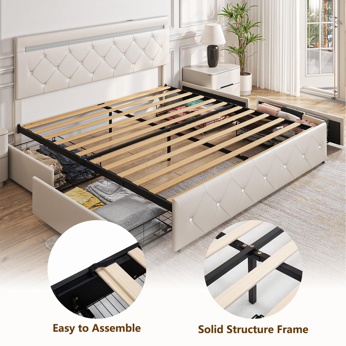 Benevika Full Size Bed Frame with 4 Drawers and LED Light, Charge Station, PU Leather Upholstered Platform Storage Bed with Adjustable Headboard, Wooden Slats Support, No Box Spring Needed, White