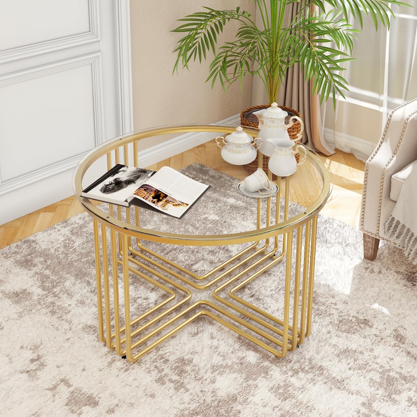 Esucllc Round Coffee Table, Glass Coffee Tables for Small Space, Modern Center Table for Living Room, Sofa Side Table with Metal Steel Frame, Circle Coffee Table for Home, Office, Apartment, Gold