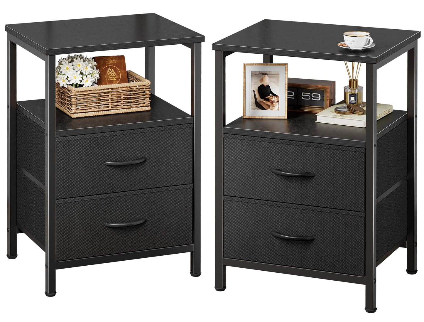 Huuger Night Stand Set of 2, Nightstand with 2 Drawers, Bed Side Table with Open Shelf, Wooden Top, End Table, Fabric Drawer, for Bedroom, Black