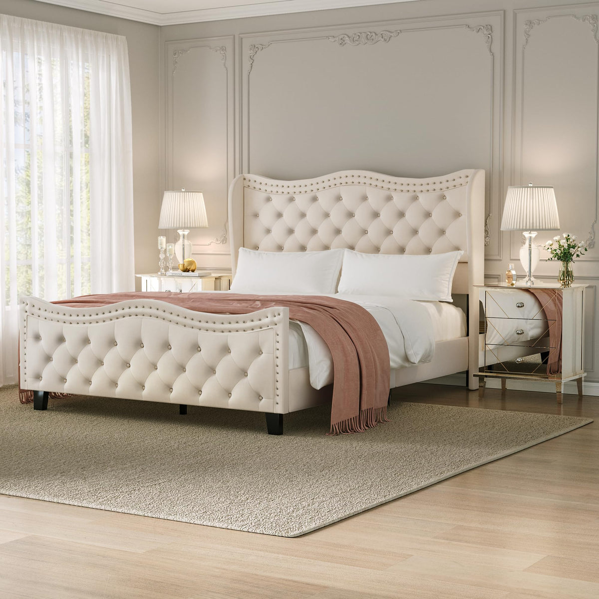 RIHHA Cream Queen Size Upholstered Platform Bed Frame with 50'' Tall Velvet Tufted Curved Wingback Headboard, Wooden Slats, Noise-Free, No Box Spring Needed, Easy Setup