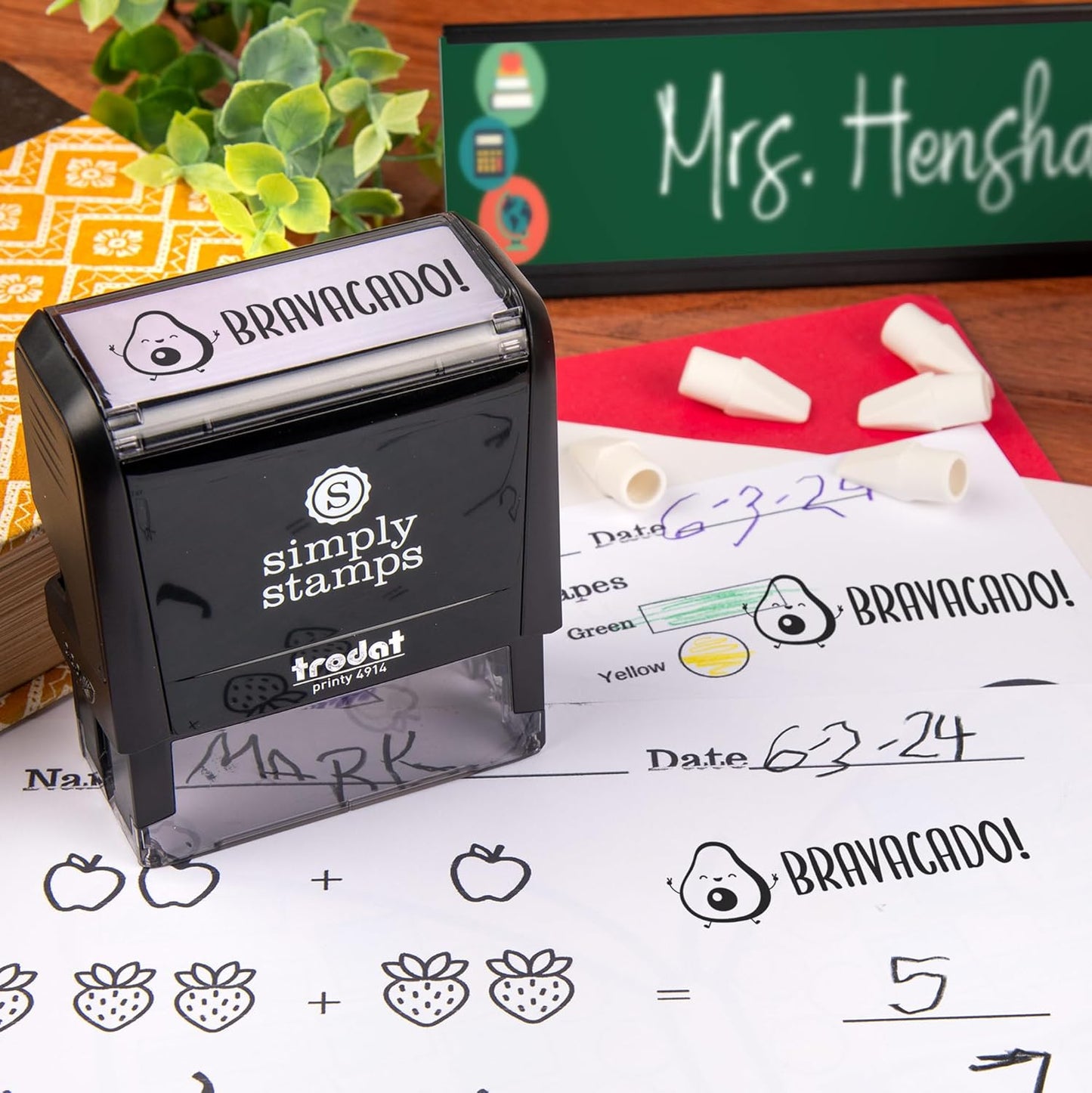 Custom Self-Inking Stamps | 49 Designs | Fun Phrases | Grading Made Easy | Classroom & Library Book Stamps (Bravacado, Large)