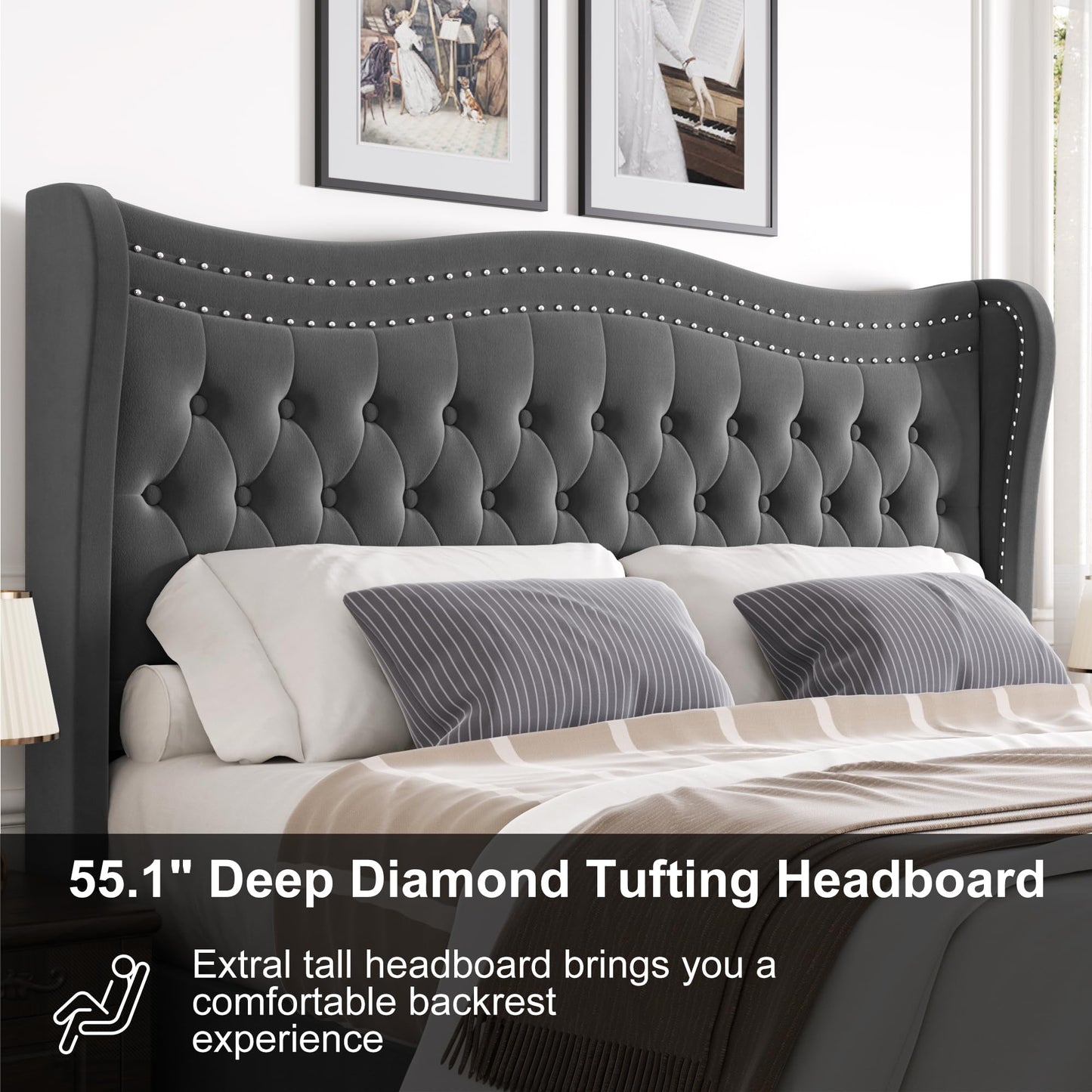 VINTLJUS Full Bed Frame with Tall Headboard & Footboard, Velvet Upholstered Platform Bed Frame with Deep Button Tufted Wingback, No Box Spring Needed, Noise Free, Grey